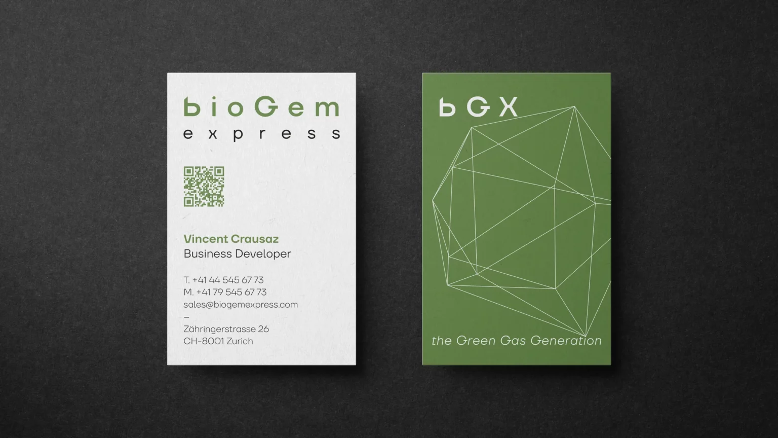 Cartes de visite BioGem Express: logotype bioGem express, monogramme bGX et gemme dessinée en fil au verso vert