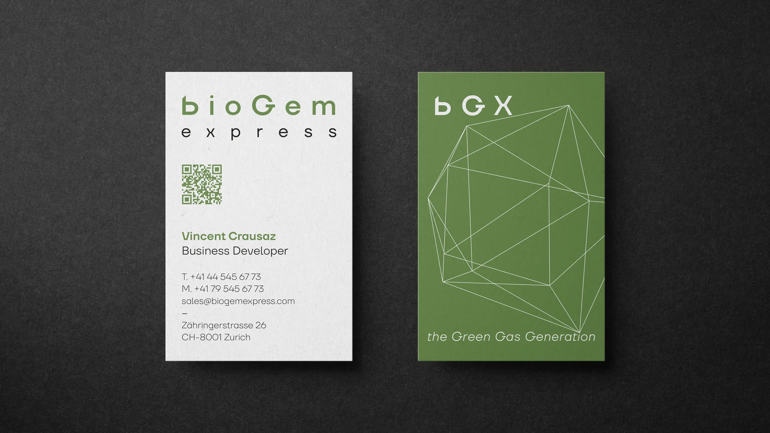 Cartes de visite BioGem Express, monogramme bGX et maillage de la gemme au verso vert
