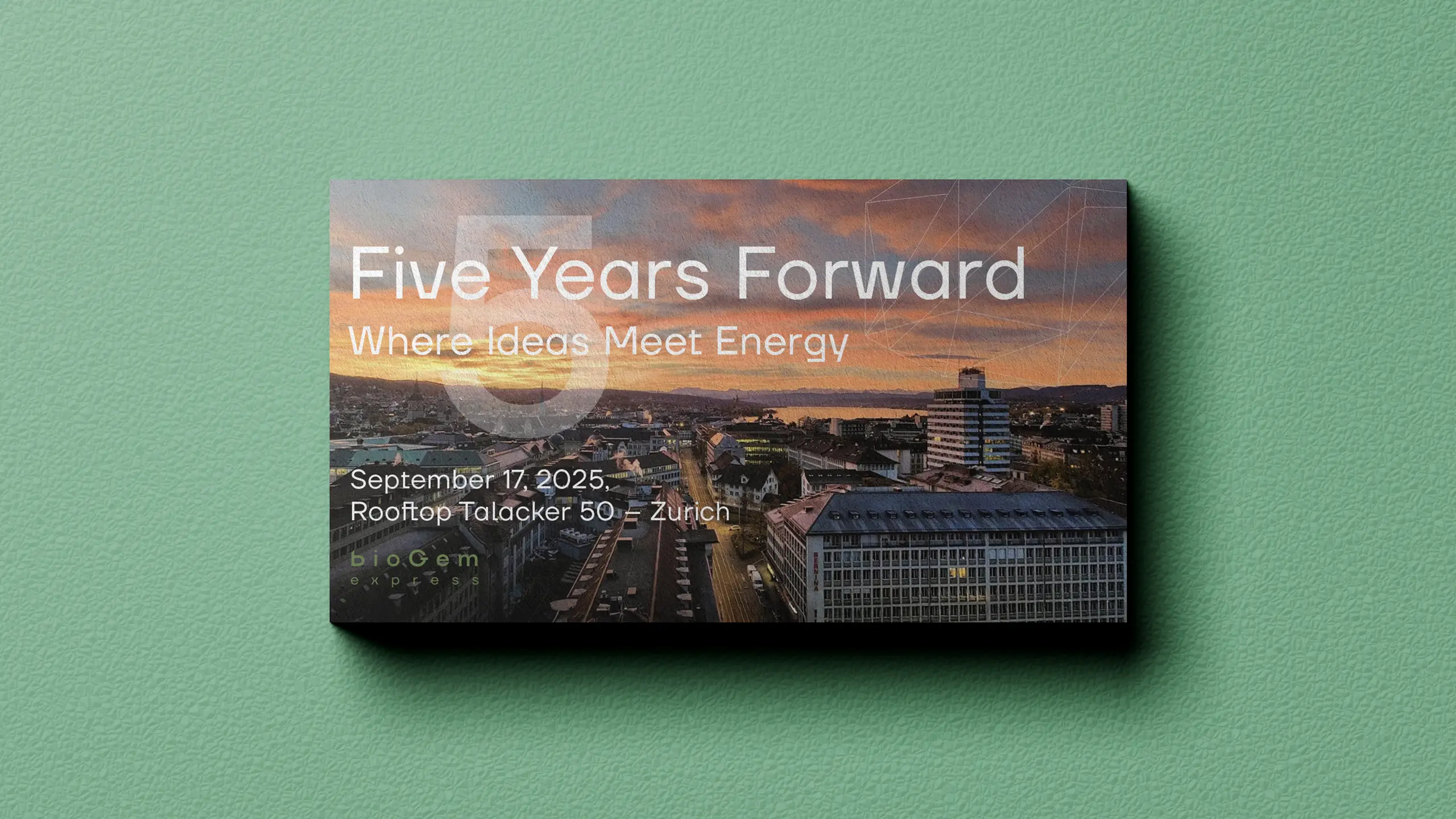 Carton d'invitation BioGem Express pour l'événement Five Years Forward Zürich