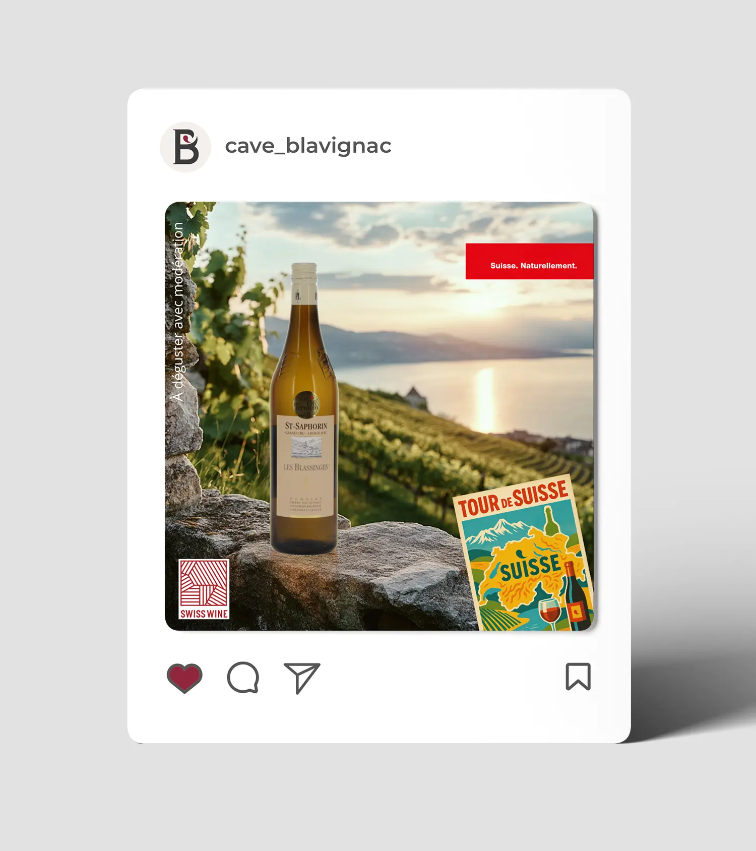 Publication Instagram Blavignac présentant une bouteille de blanc dans le vignoble de Lavaux