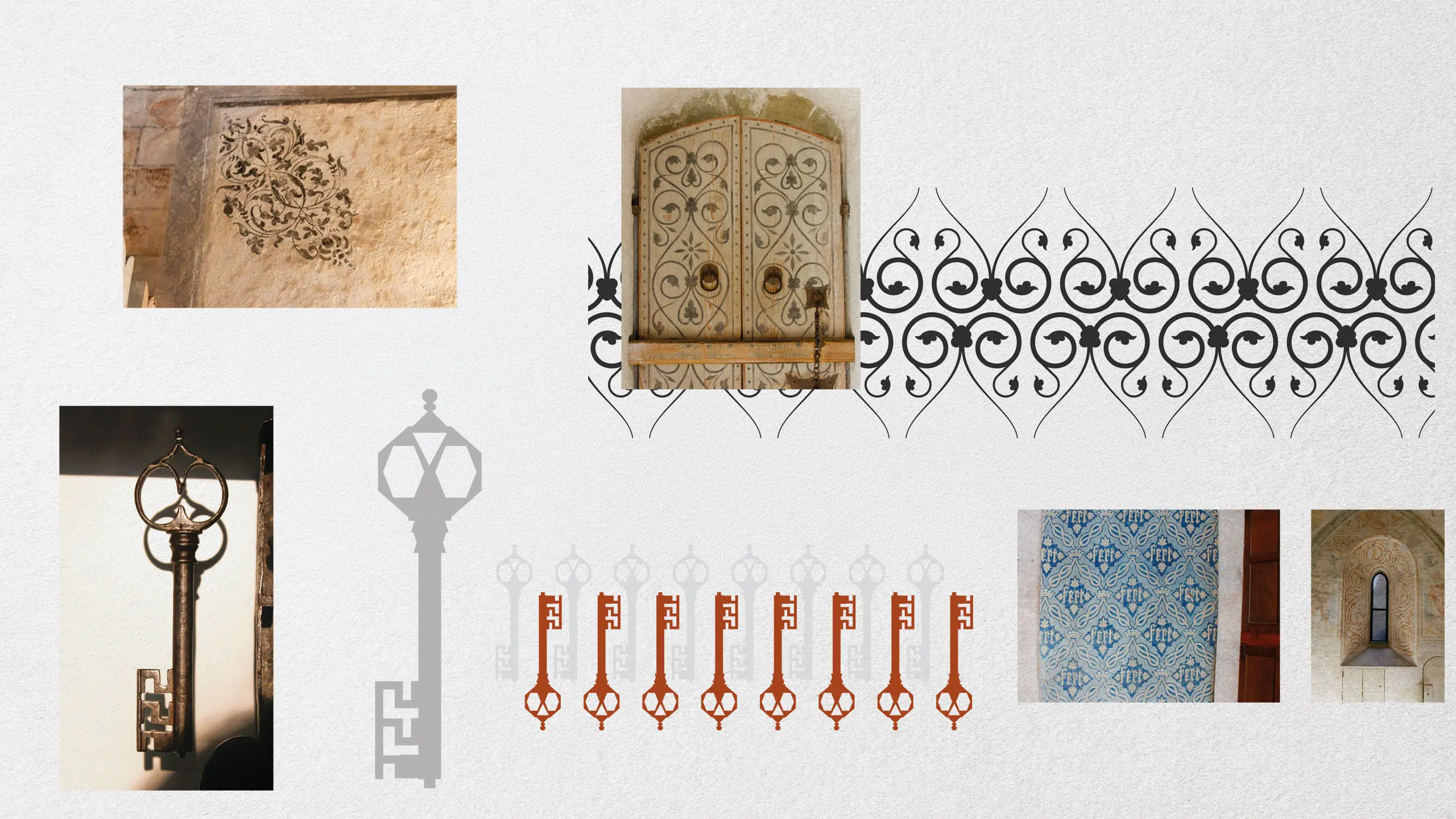 Planche d'inspiration réunissant clé ancienne, ferronnerie et motifs peints du Château de Chillon, sources du système graphique
