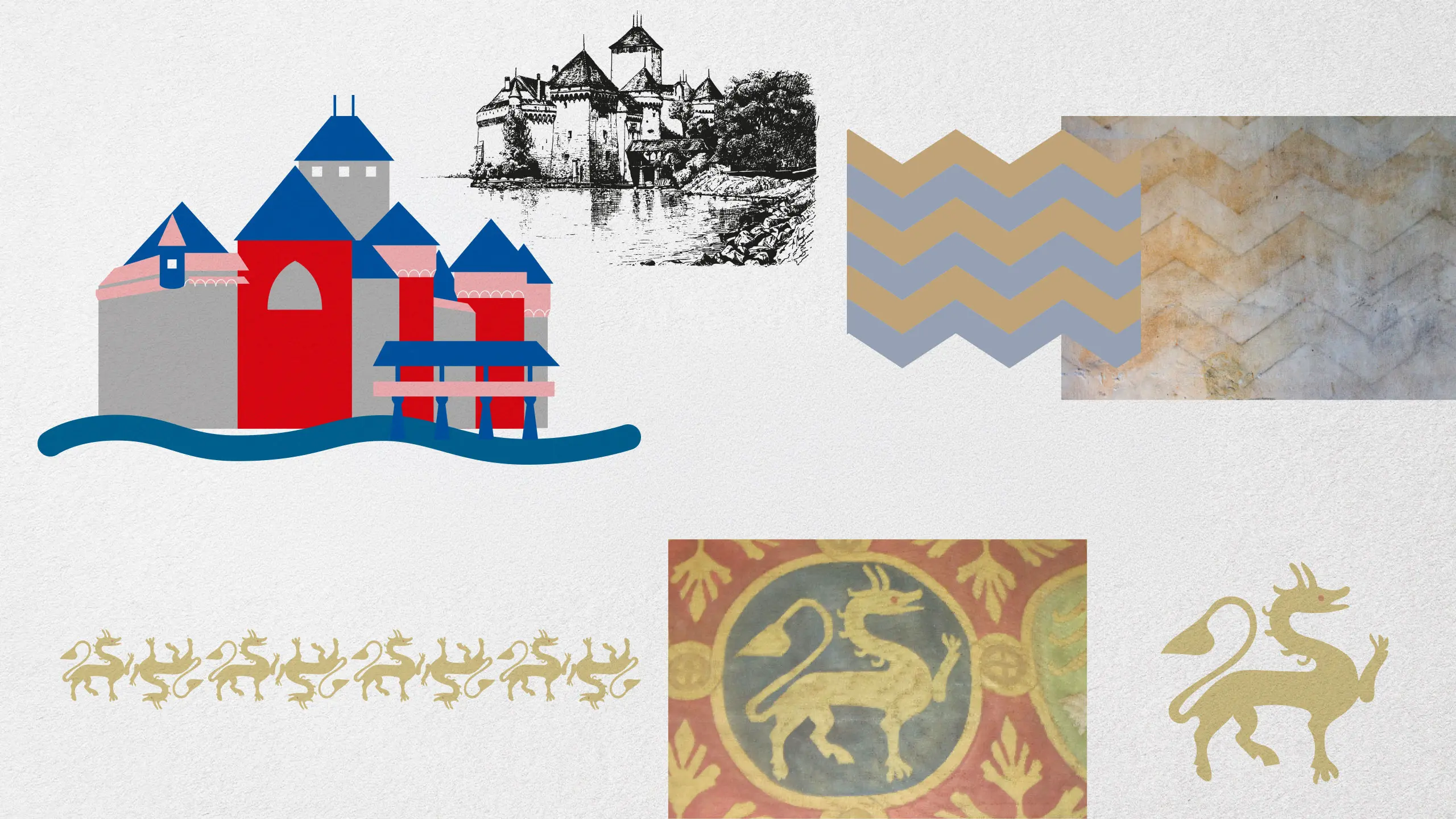 Planche d'inspiration réunissant château stylisé, gravure ancienne et frises de dragons dorés pour le système graphique de Chillon