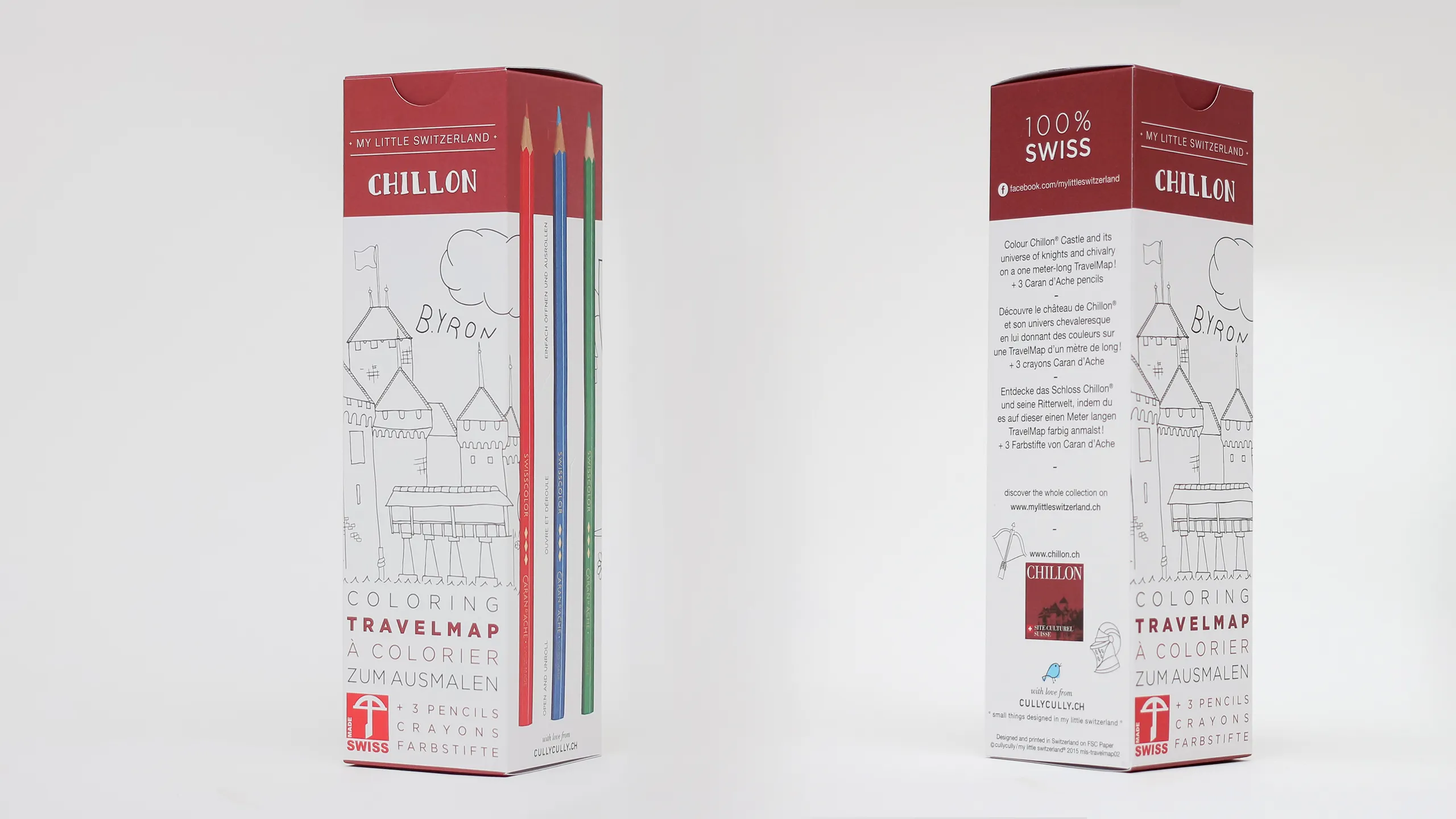 Boîte de la TravelMap Chillon à colorier de CullyCully, collection My Little Switzerland, avec 3 crayons Caran d'Ache, recto et verso