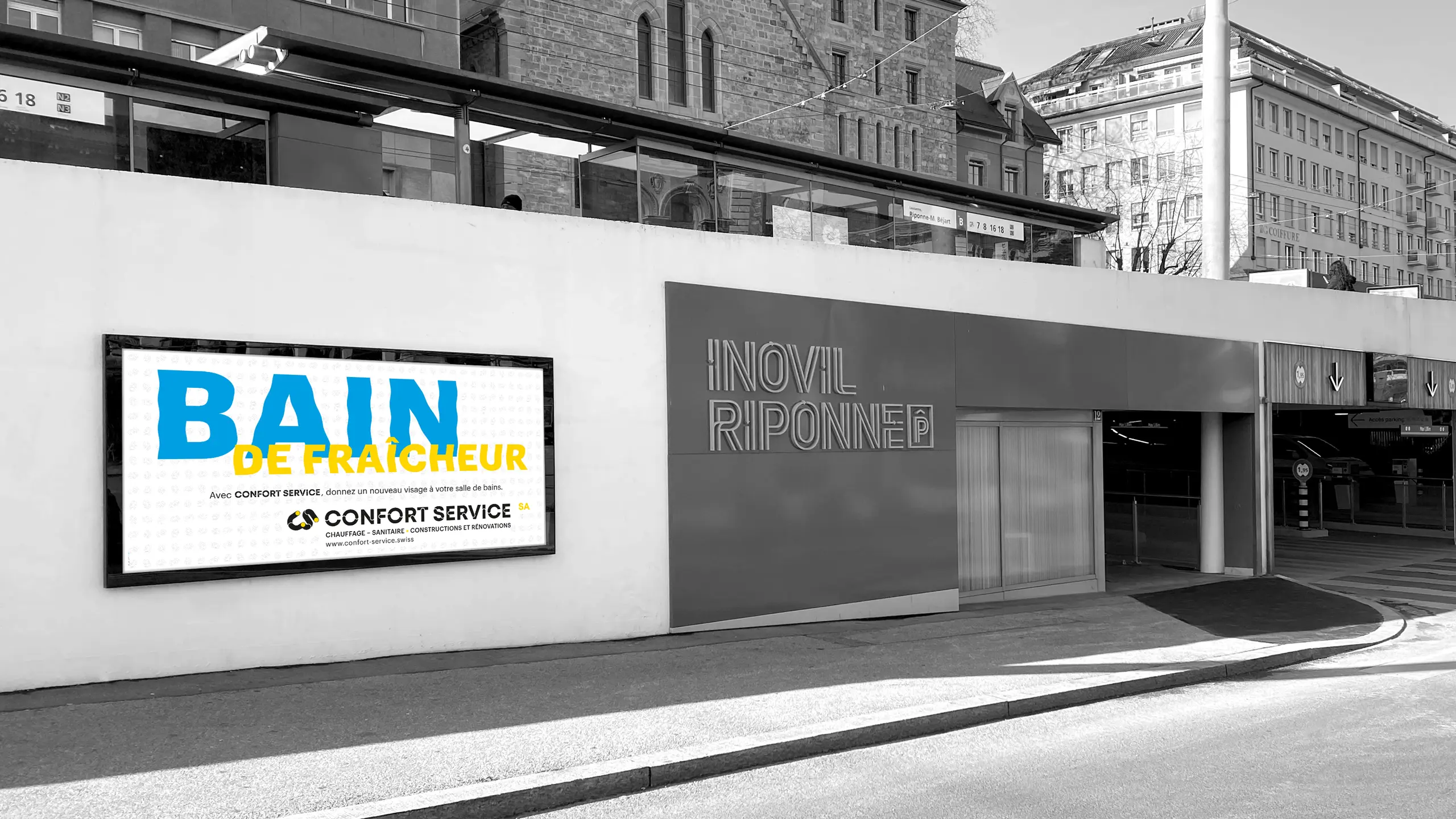 Affichage Confort Service à la Riponne à Lausanne, campagne de rénovation de salles de bains