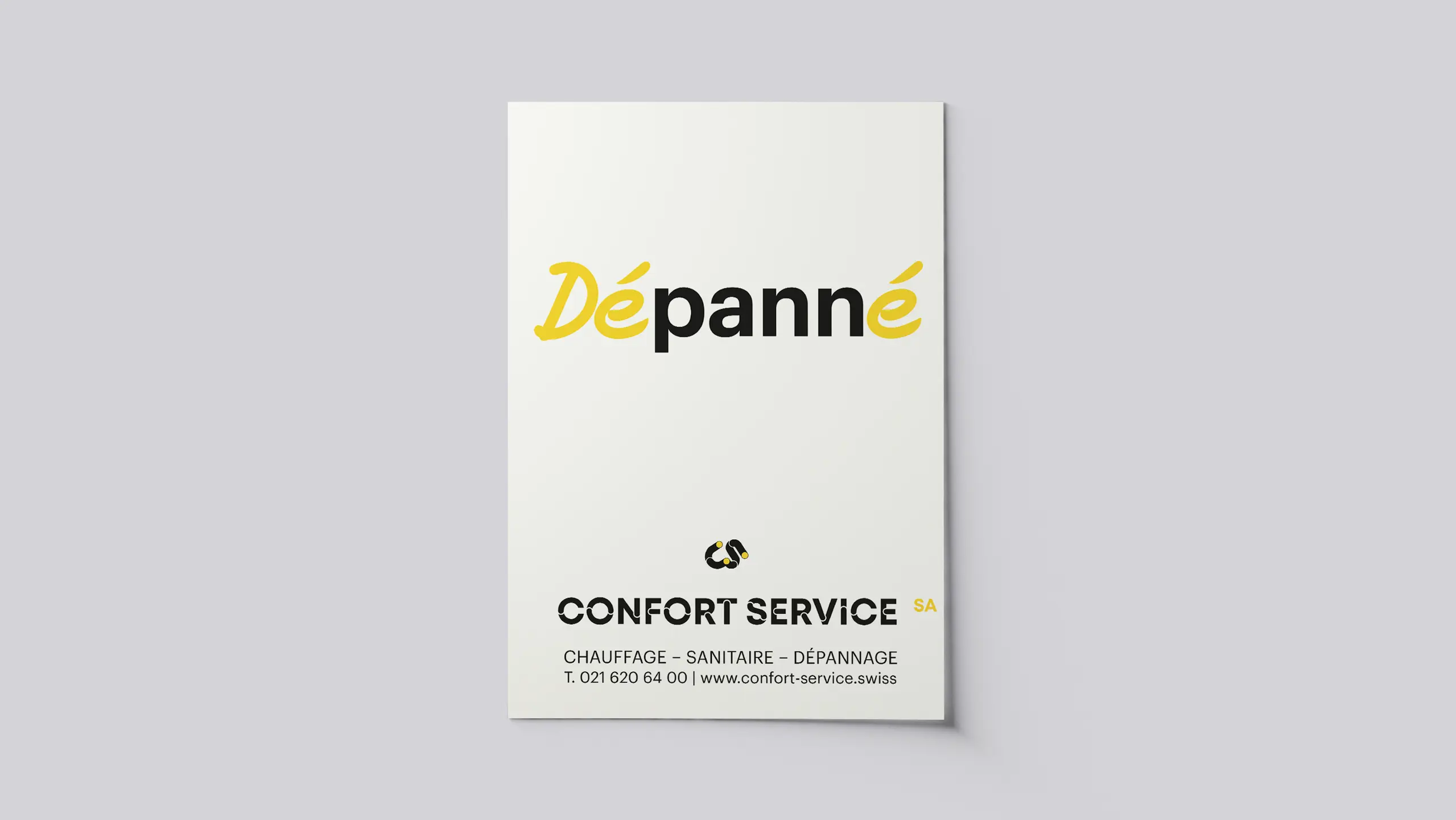 Carte de service Confort Service en lettrage jaune et noir, identité verbale de la marque