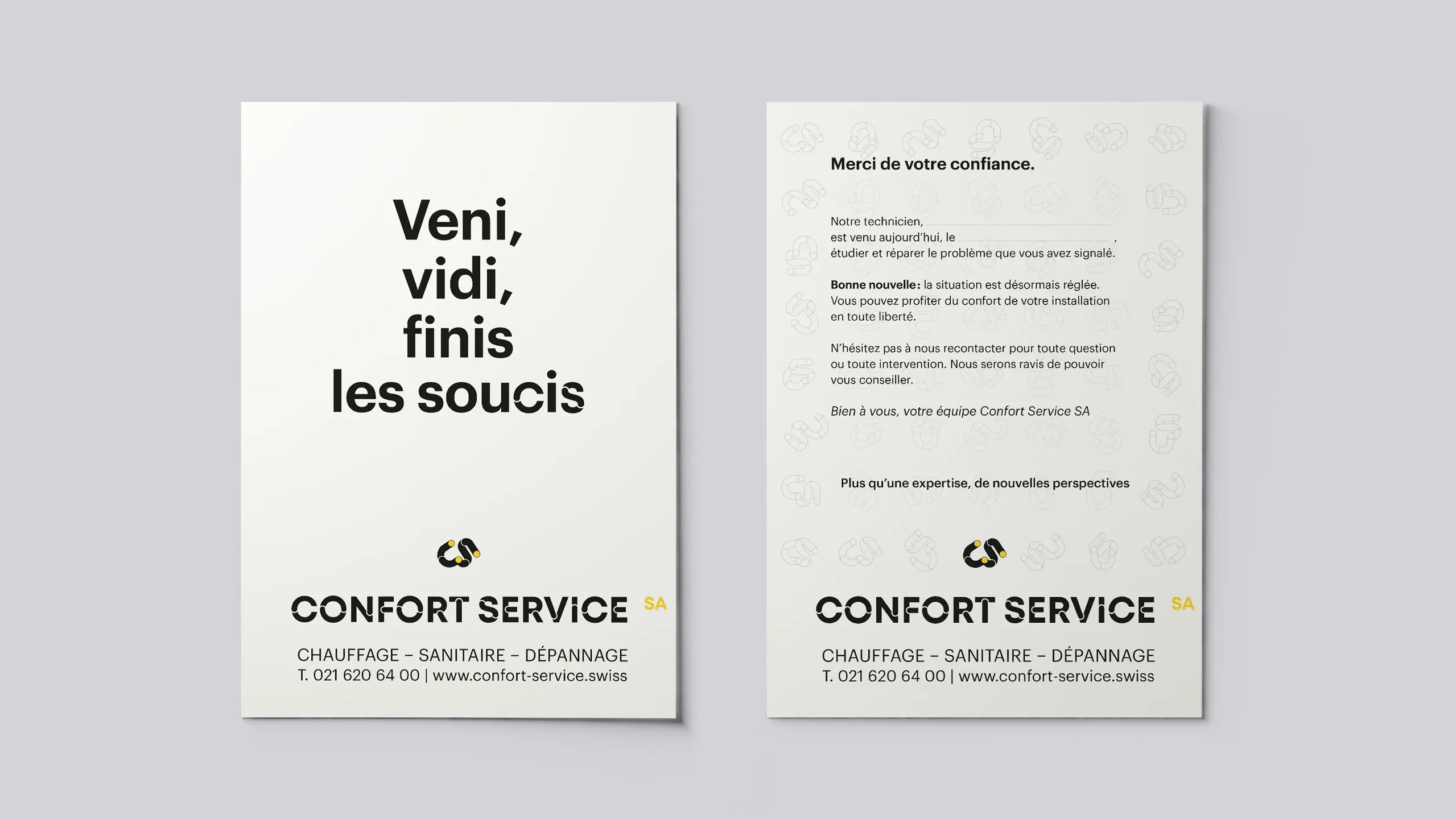 Carte laissée au client après une intervention de dépannage, ton de voix Confort Service