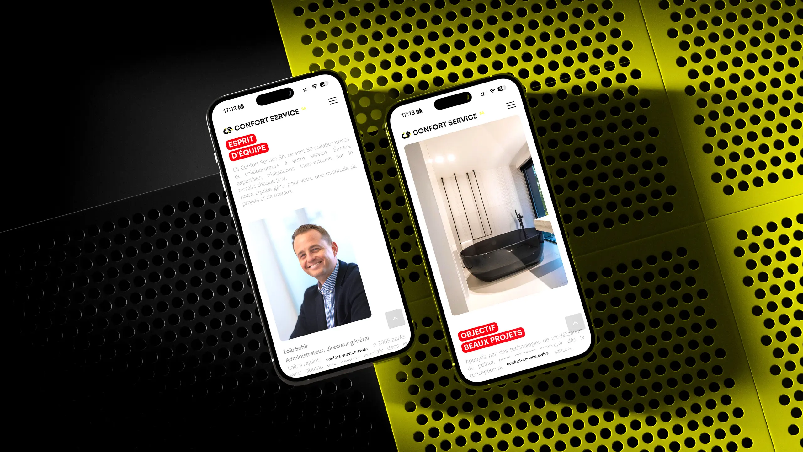 Site Confort Service en version mobile, pages équipe et réalisations