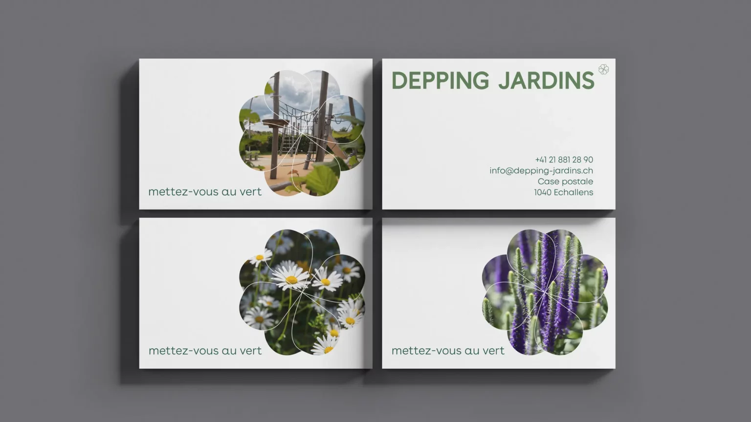 Cartes de visite Depping Jardins: la fleur du logo, agrandie, cadre des photos de jardins