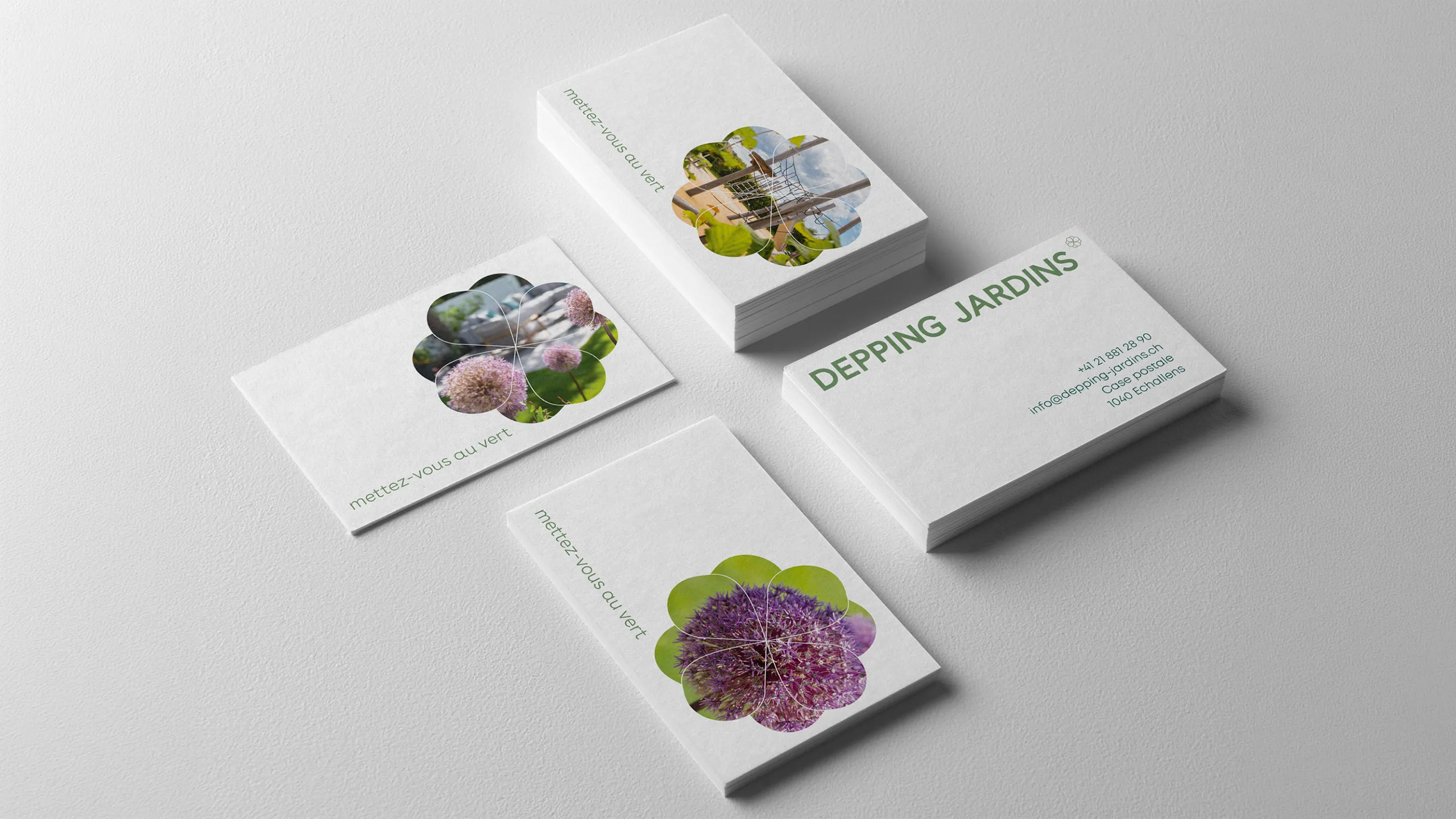 Cartes de visite Depping Jardins, paysagiste à Echallens, avec photos de jardins et fleurs dans le symbol