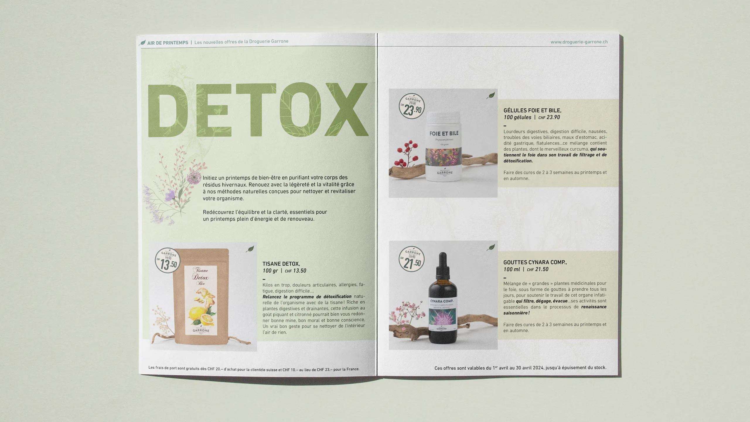 Double page du catalogue Droguerie Garrone, produits photographiés et conseils d'utilisation