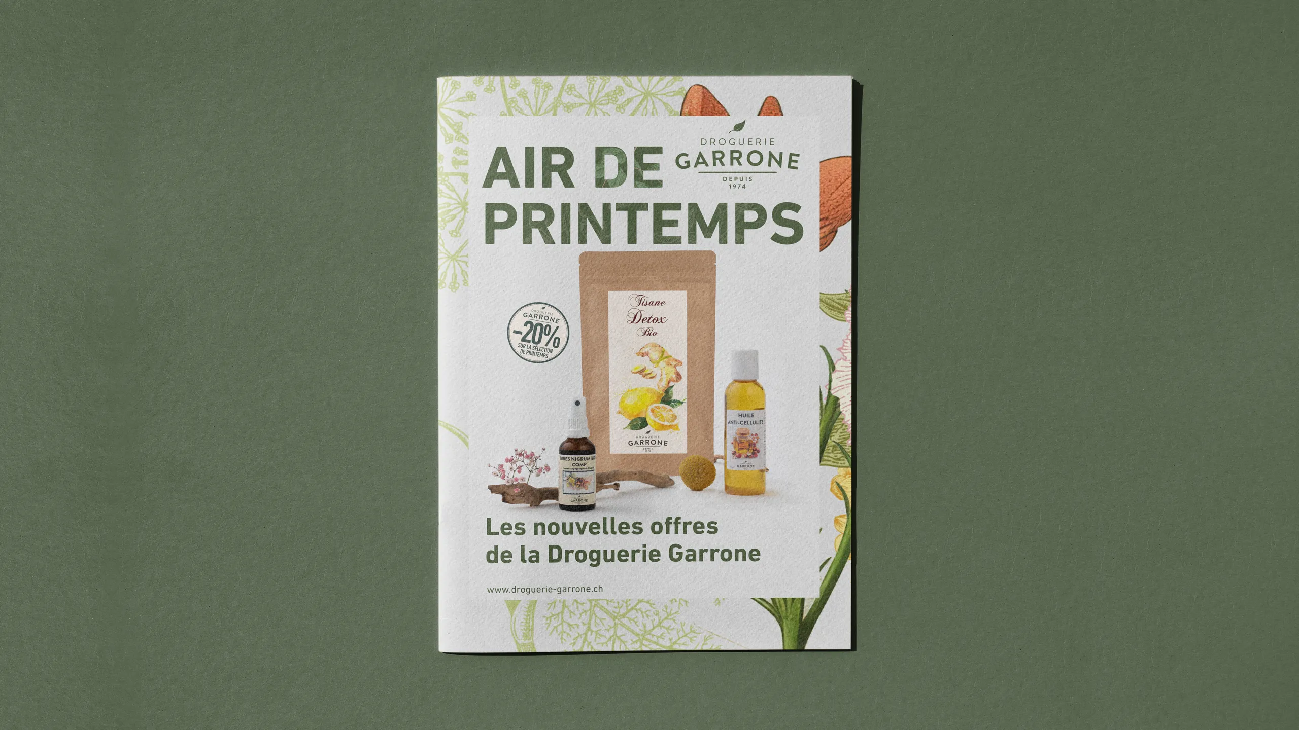 Couverture du catalogue saisonnier Droguerie Garrone, tisane et huiles photographiées