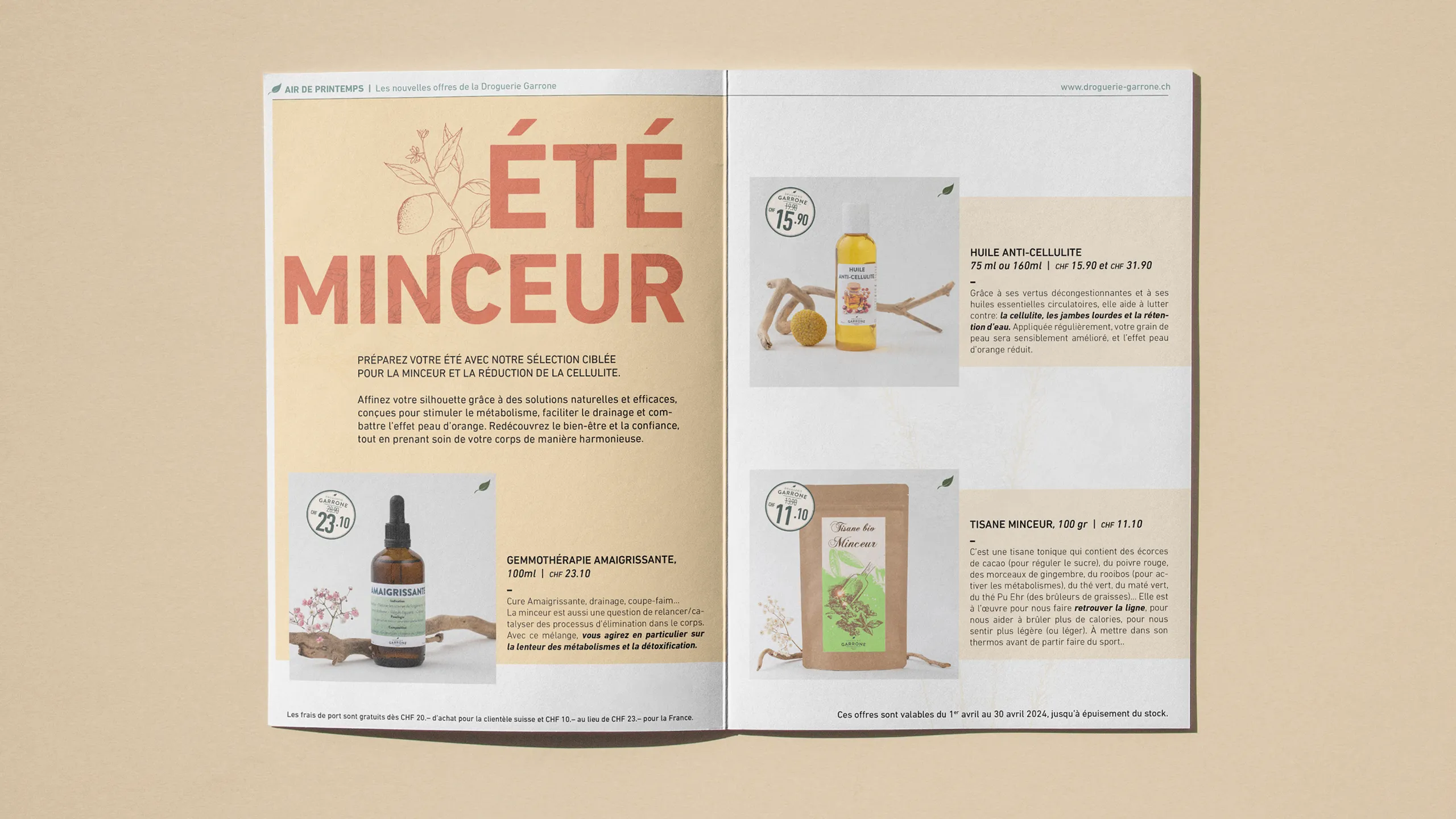 Double page du catalogue Droguerie Garrone consacrée à une cure, illustrations botaniques