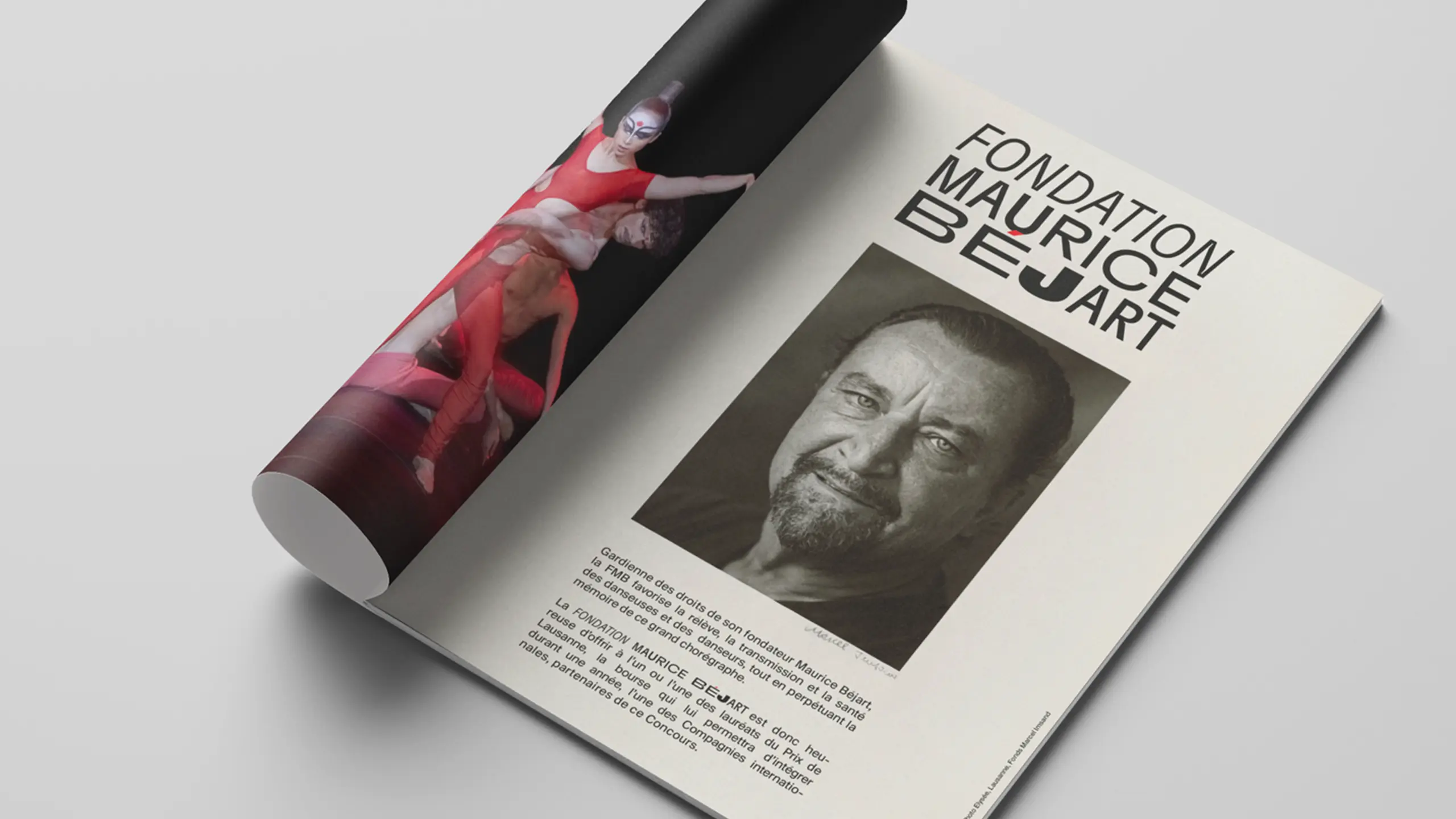 Annonce de la Fondation Maurice Béjart en revue, portrait du chorégraphe et texte de mission