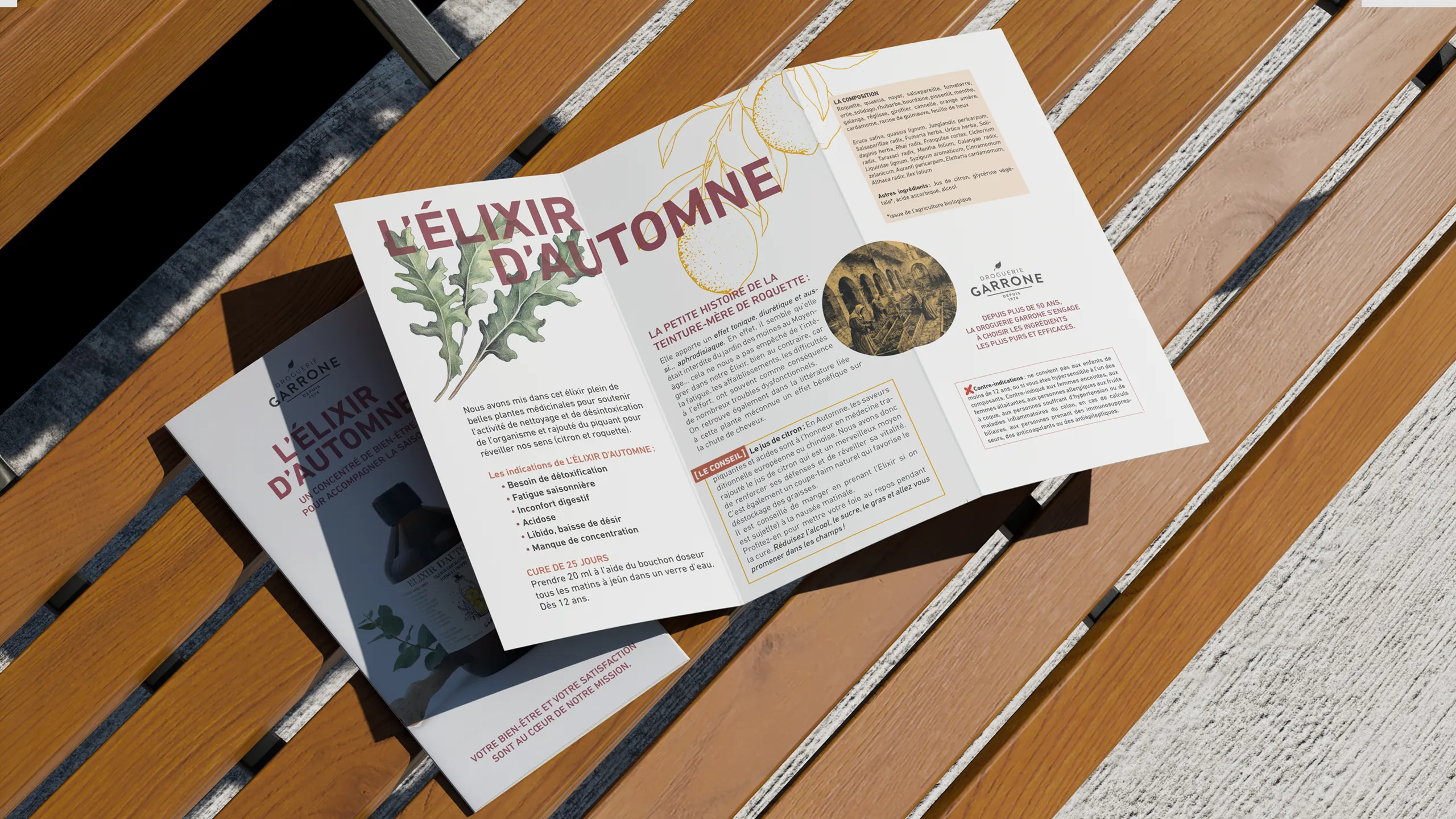 Dépliant Droguerie Garrone consacré à un élixir, composition, indications et conseils