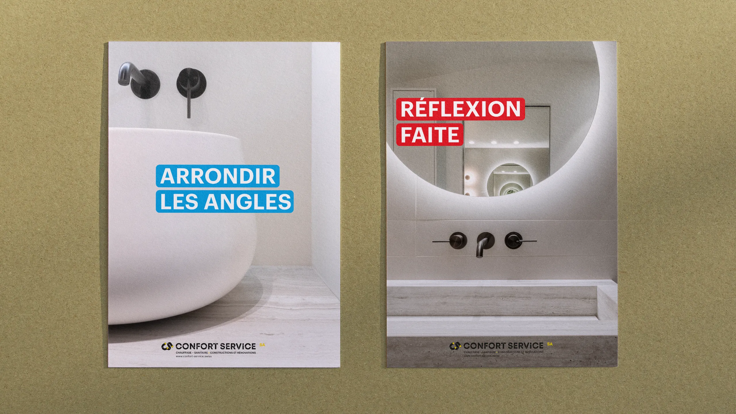 Deux fiches services Confort Service, accroches « Arrondir les angles » et « Réflexion faite » sur des réalisations de salles de bains