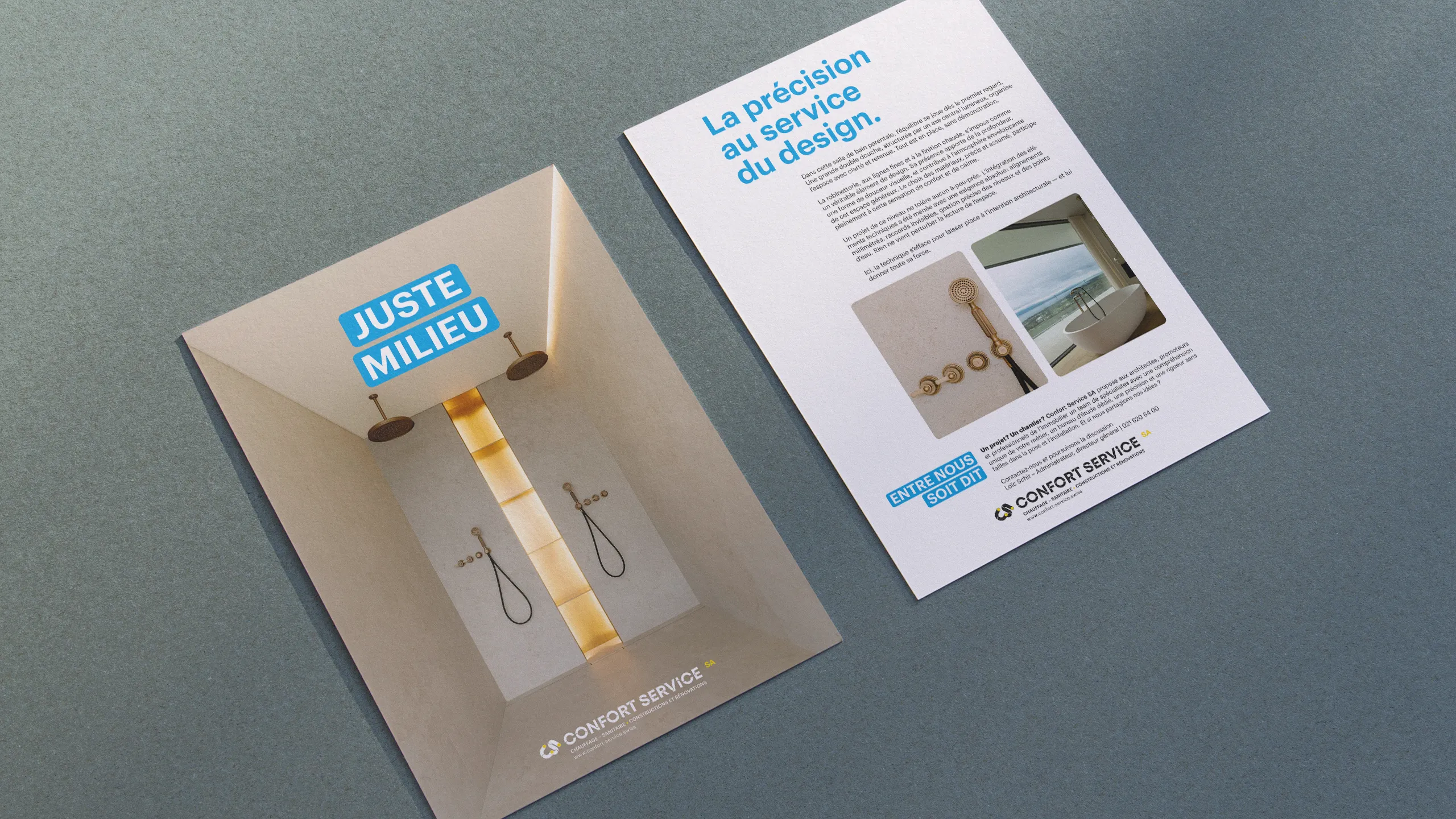 Fiche service Confort Service recto-verso, accroche « Juste milieu » et texte technique adressé aux architectes et promoteurs