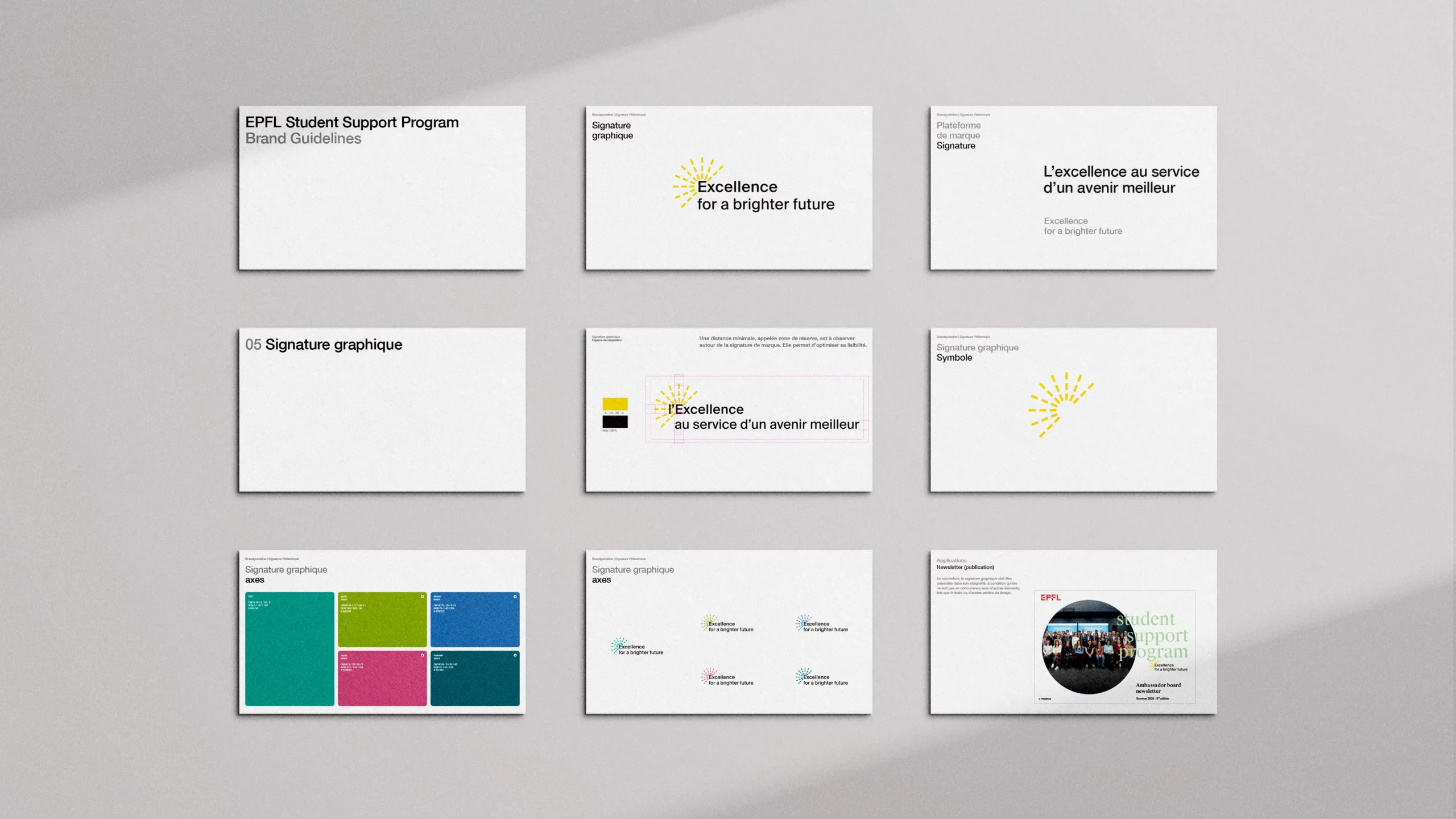 Planches des brand guidelines du EPFL Student Support Program: signature «Excellence for a brighter future» et sa version française «L'excellence au service d'un avenir meilleur»