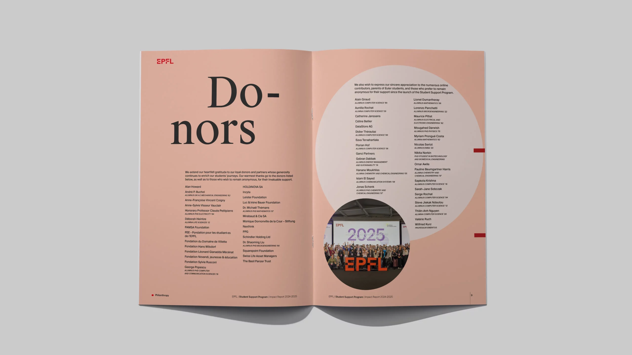 Double page «Donors» de l'Impact Report du EPFL Student Support Program sur fond rose: listes nominatives des donateurs et partenaires, et groupe réuni devant les lettres EPFL dans un cercle.