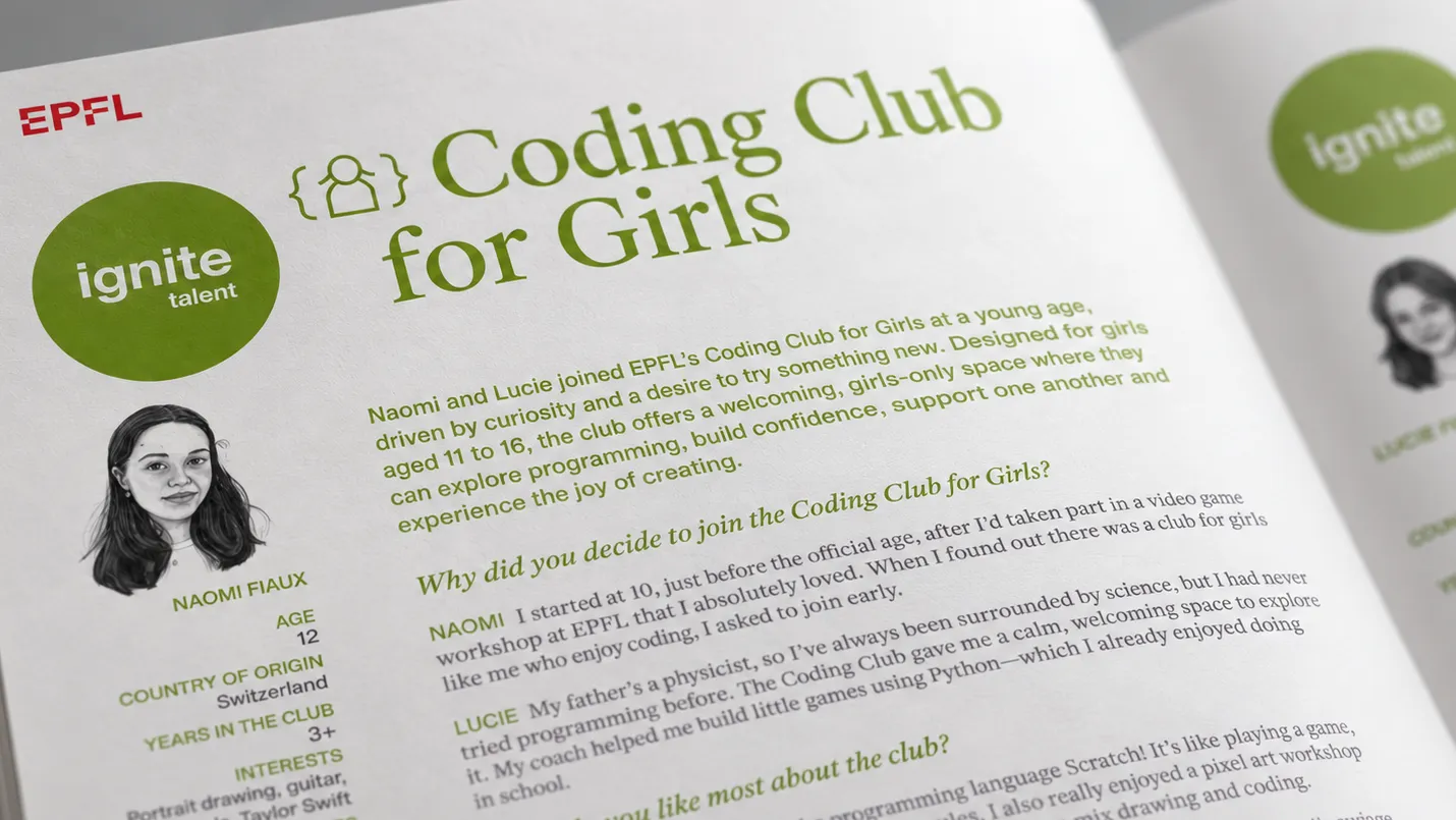 Page «Coding Club for Girls» de l'Impact Report du EPFL Student Support Program, axe ignite talent: portrait dessiné et fiche d'une participante à gauche, présentation du club et interview à droite.