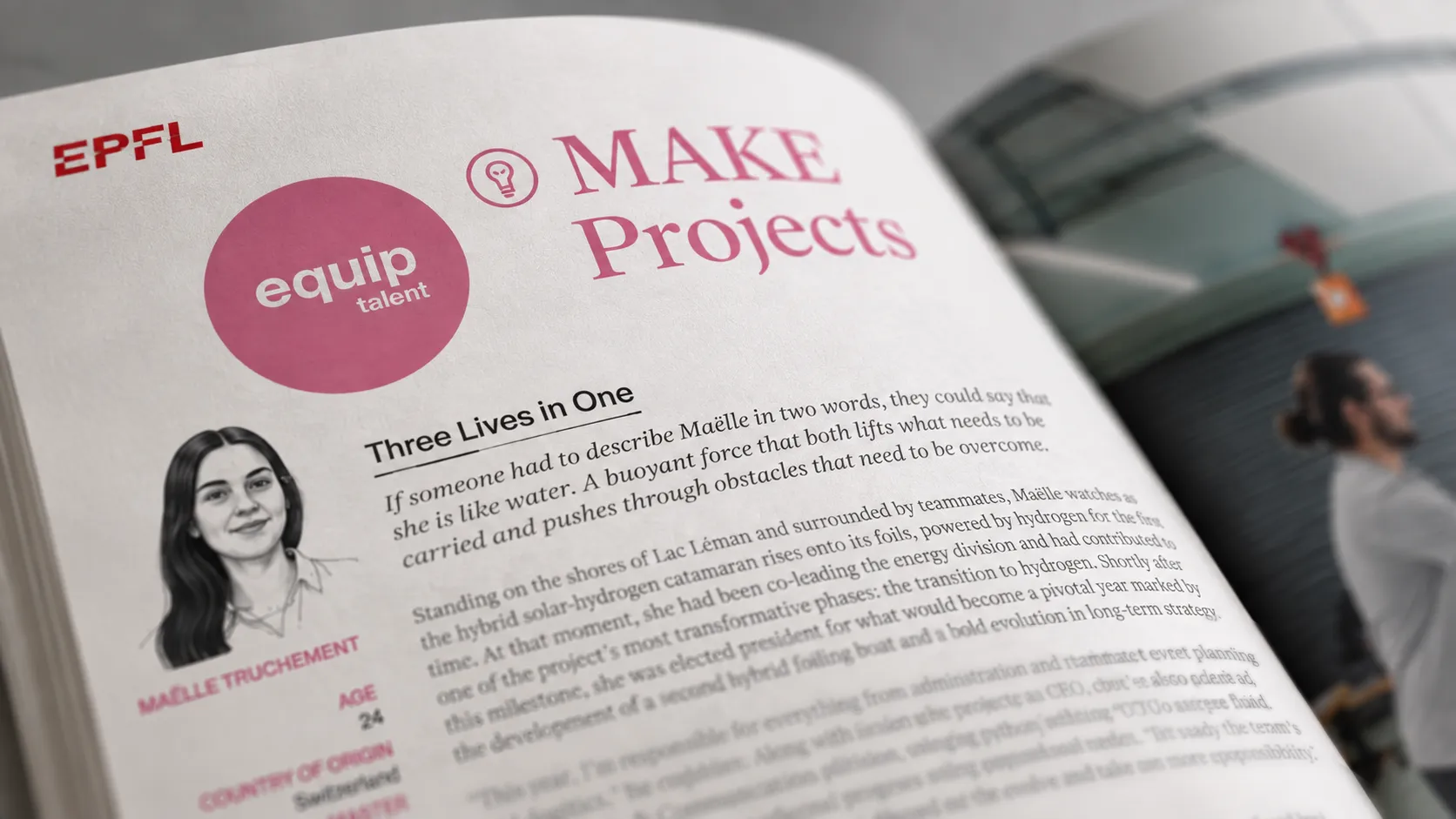 Page «MAKE Projects» de l'Impact Report du EPFL Student Support Program, axe equip talent: portrait dessiné et fiche d'une étudiante, récit «Three Lives in One»,
