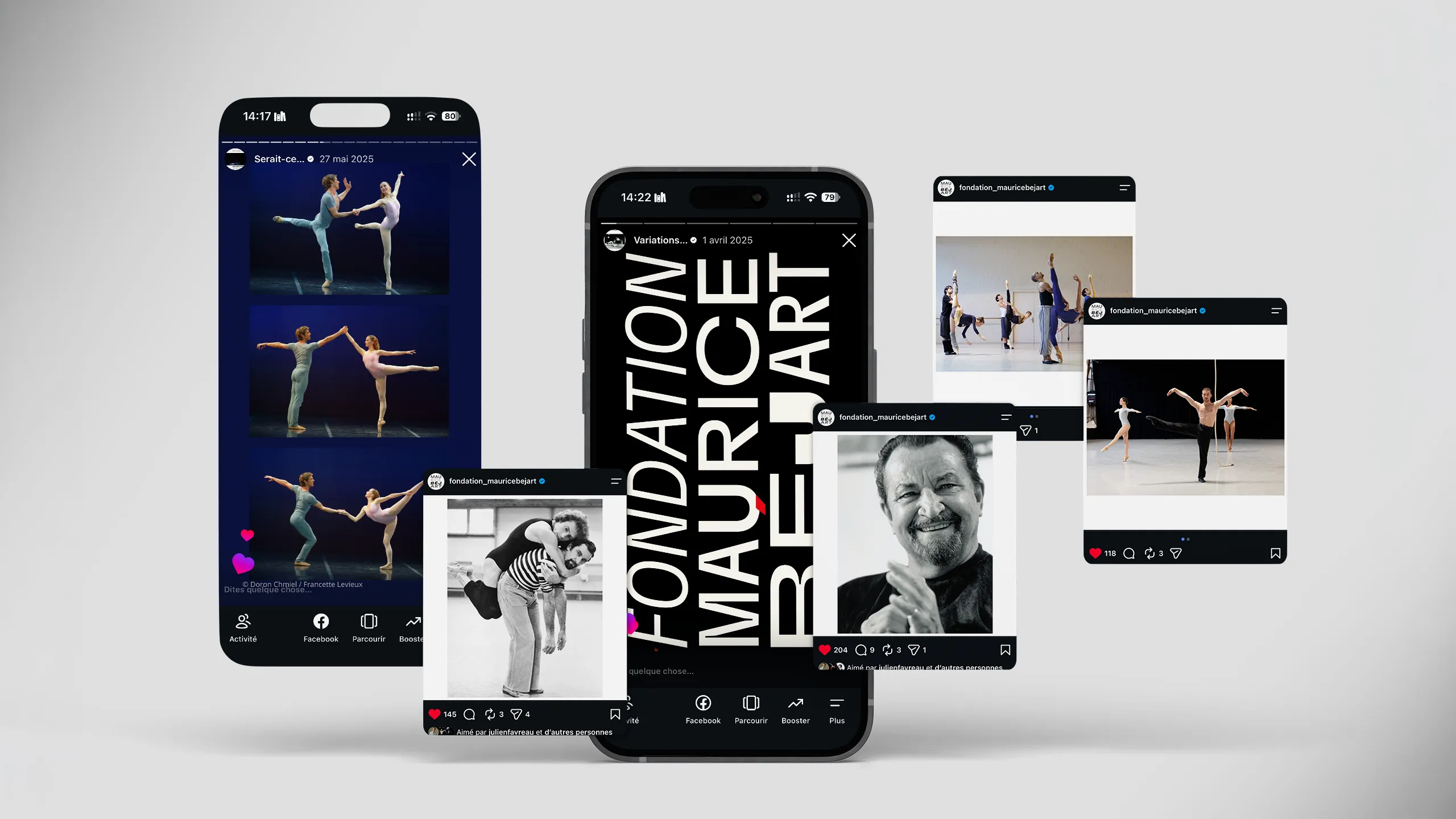 Montage de deux écrans de téléphone et de quatre publications du compte Instagram fondation_mauricebejart : photographies de ballet, portrait du chorégraphe et story reprenant le logotype à la verticale