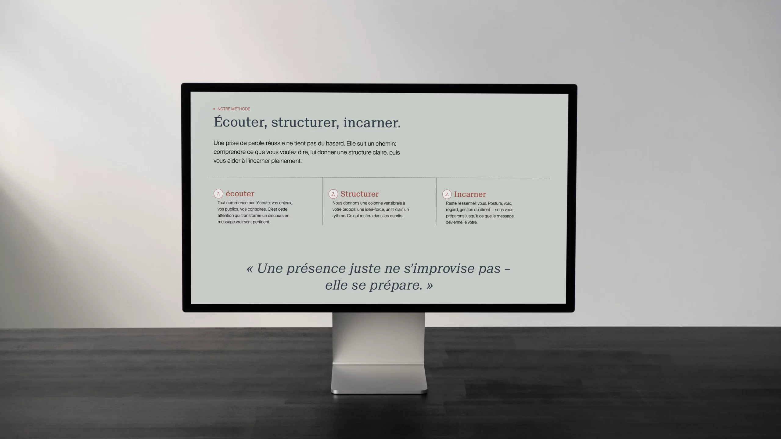 Page du site Speak Up présentant les trois étapes de sa méthode: écouter, structurer et incarner.