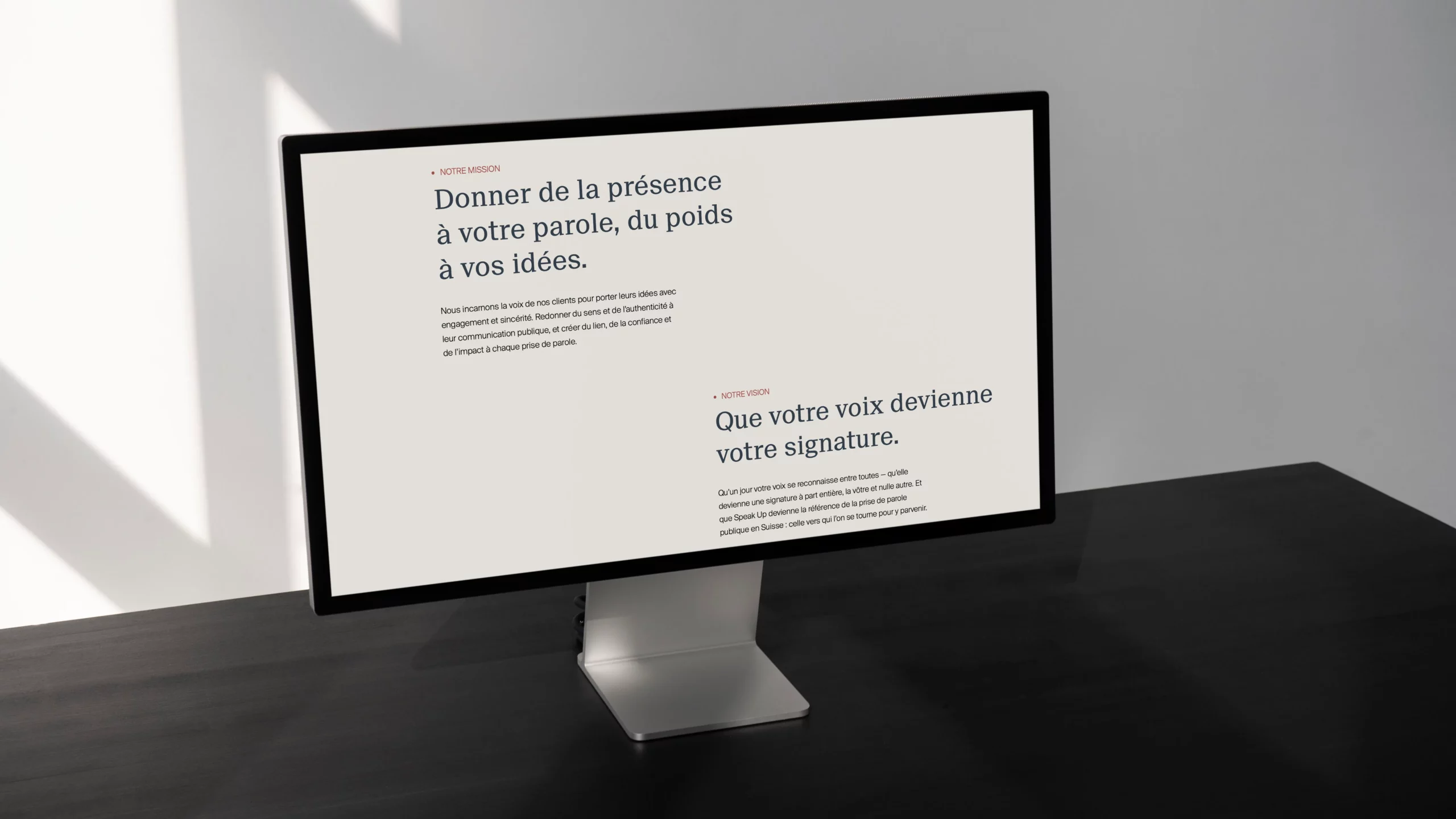 Page du site Speak Up consacrée à sa mission et à sa vision de la prise de parole.