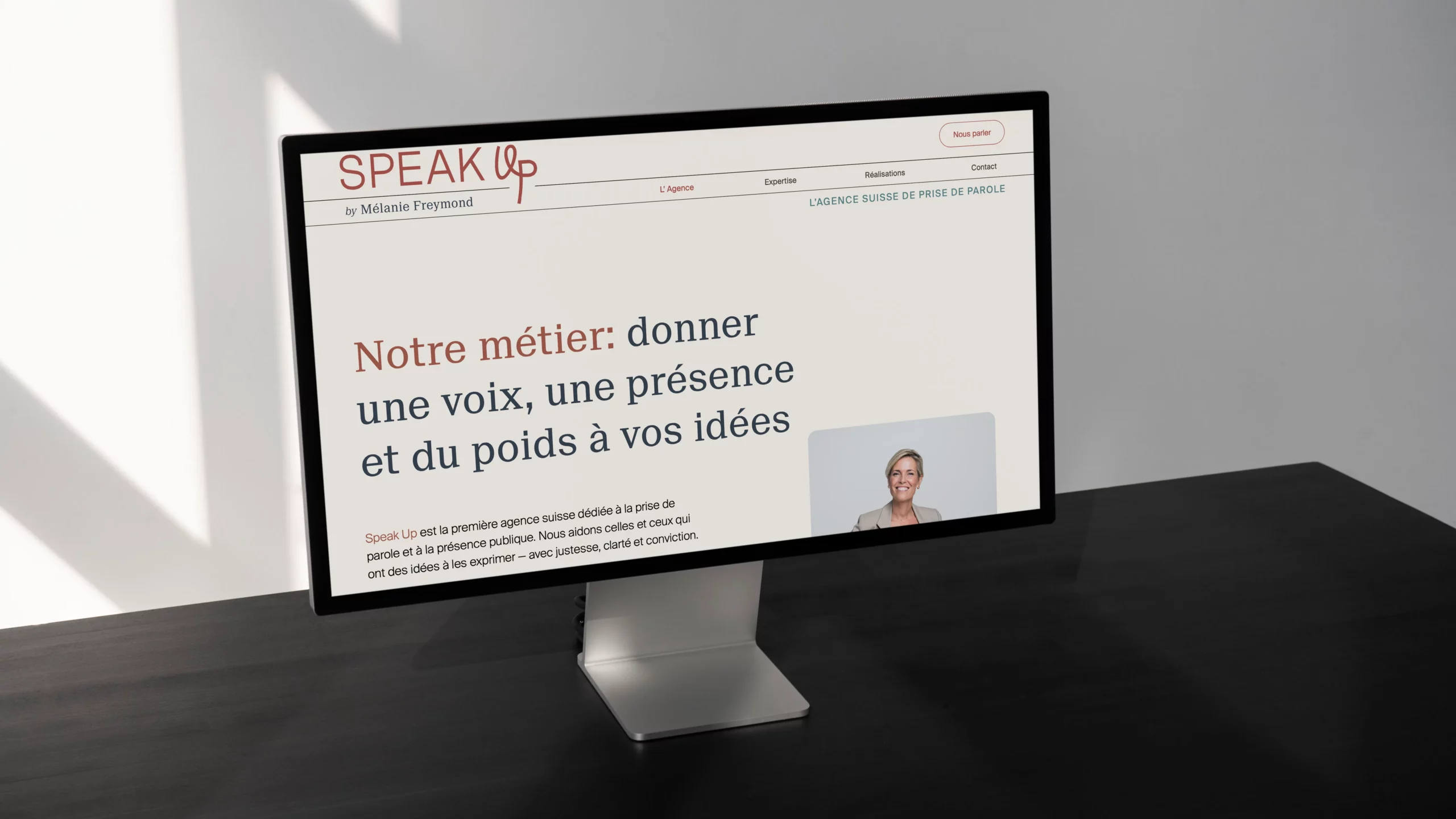 Page du site Speak Up présentant l’agence de prise de parole fondée par Mélanie Freymond.