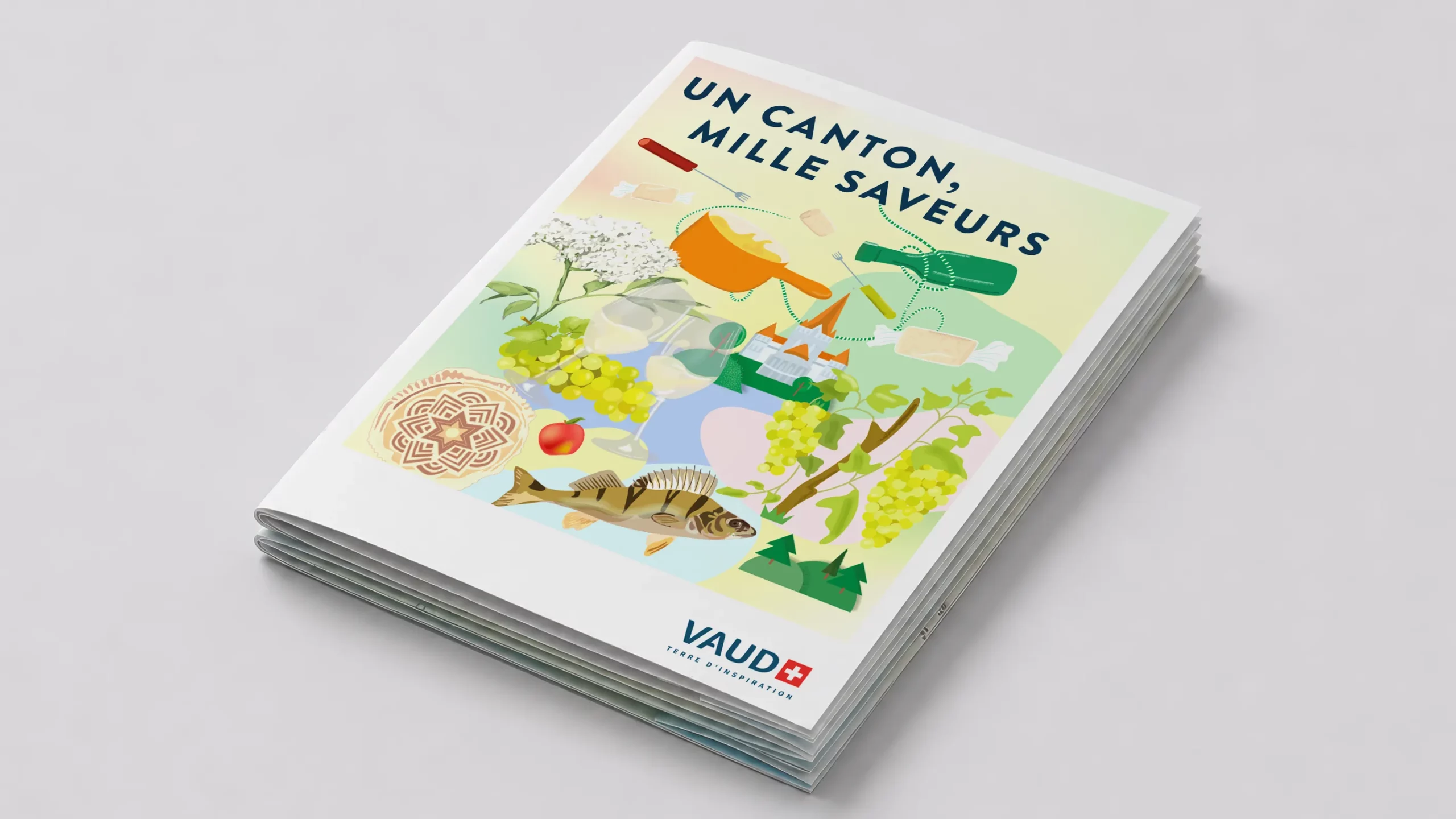 Couverture illustrée « Un canton, mille saveurs » : perche, raisin, bricelet, fleur de sureau et caquelon à fondue, brochures en pile.