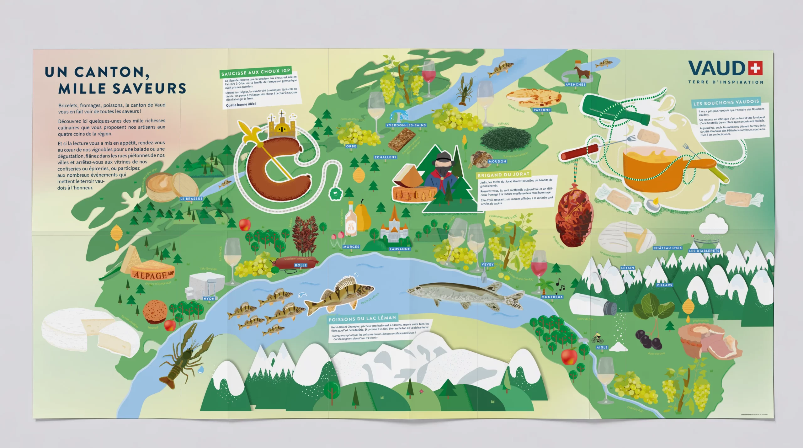 Carte illustrée du terroir vaudois dépliée : saucisse aux choux IGP, bouchons vaudois, poissons du Léman, fromages et vins situés sur le canton.