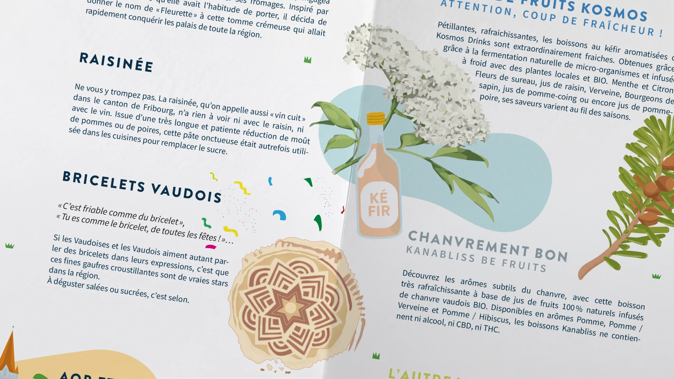 Détail intérieur de la brochure terroir : bouteille de kéfir, bricelet vaudois, textes sur la raisinée et les boissons au chanvre.