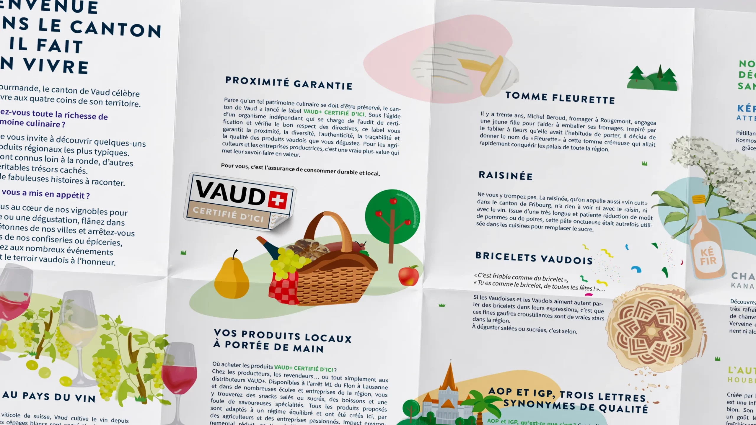 Double page intérieure de la brochure terroir : label « VAUD+ Certifié d'ici », tomme fleurette, raisinée, bricelets et panier de produits locaux.