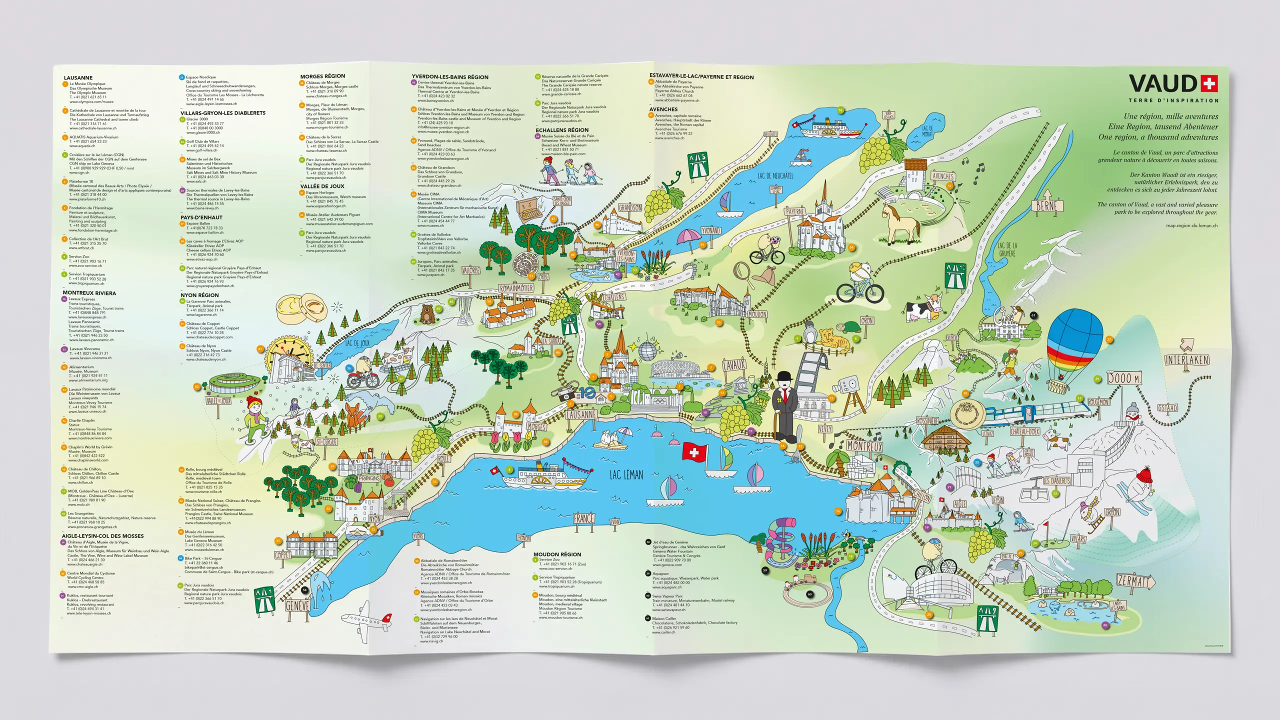 Carte illustrée du canton de Vaud dépliée, sites touristiques et loisirs légendés en français, allemand et anglais autour du lac Léman.
