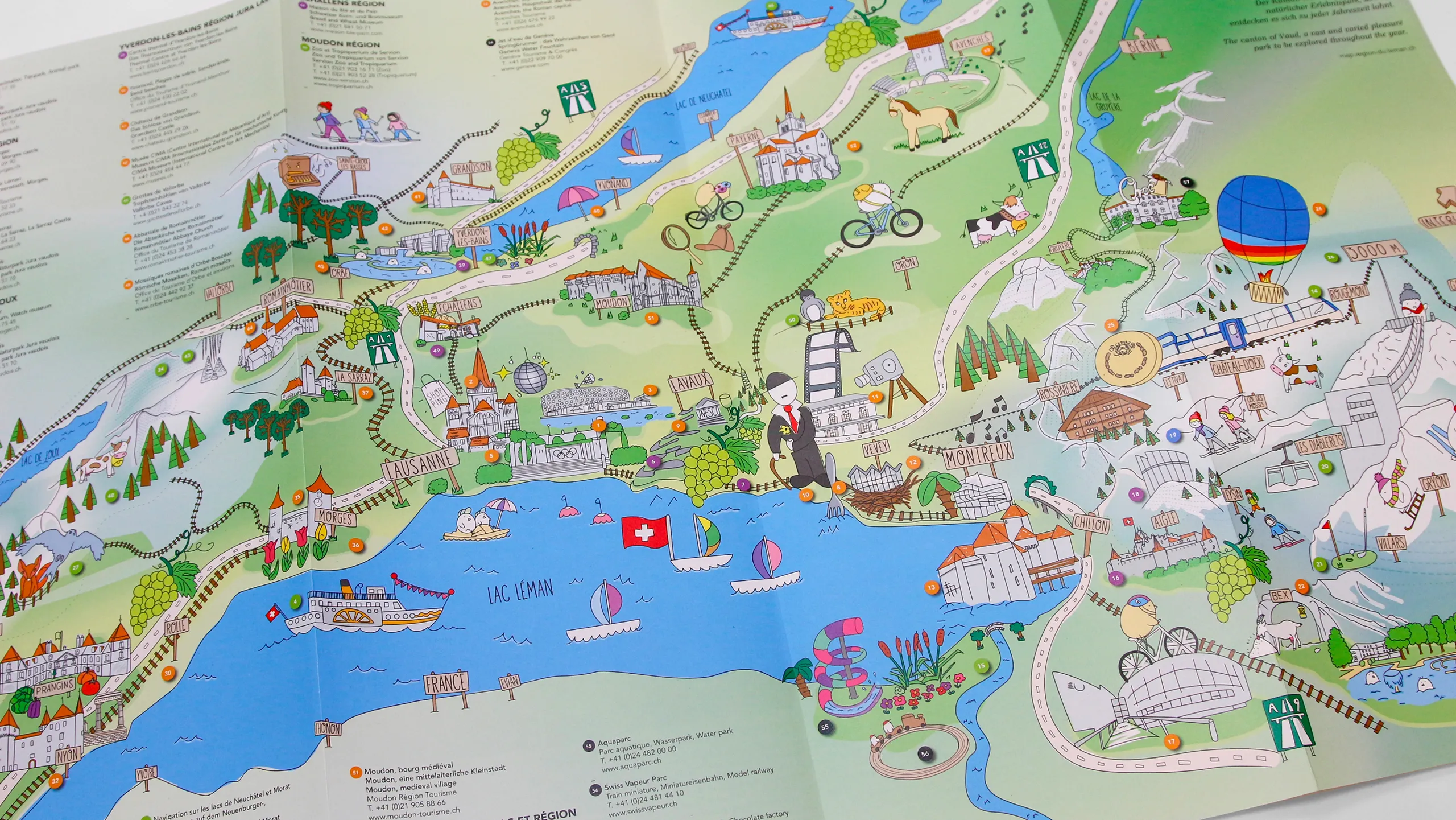 Détail de la carte illustrée du canton de Vaud : lac Léman, Lausanne, Vevey, Montreux et château de Chillon avec bateaux et vignobles.