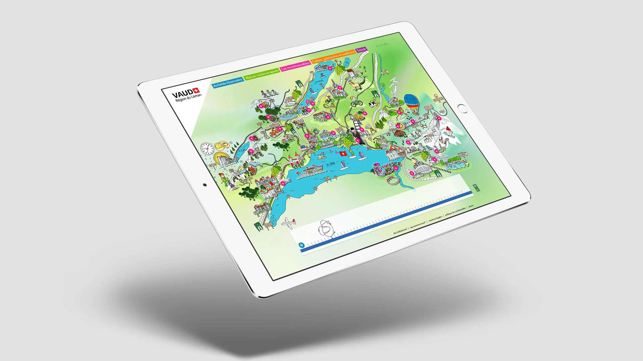 Version web interactive de la carte illustrée du canton de Vaud, avec filtres par thèmes et points d'intérêt cliquables.