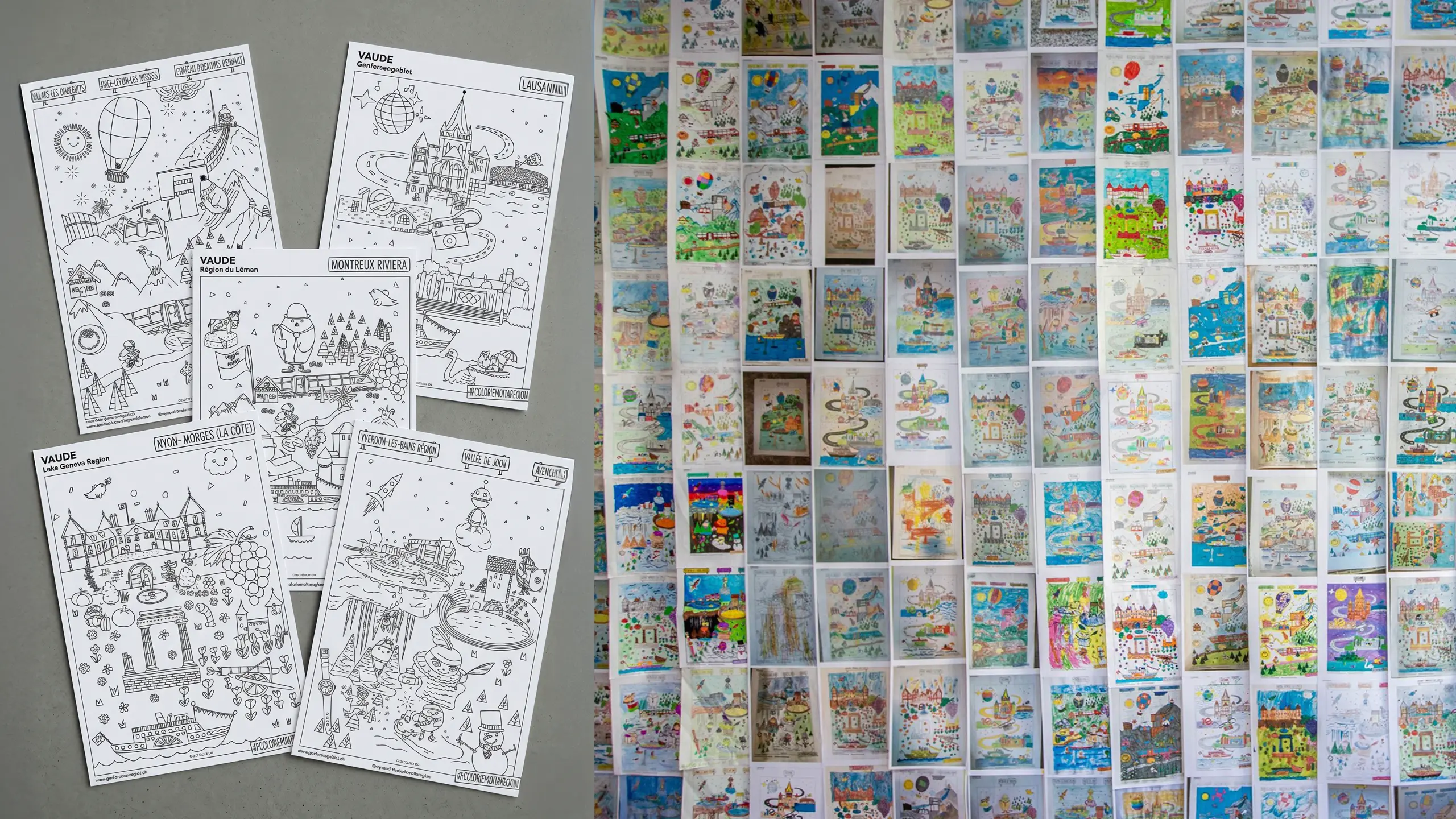 Les cinq fiches de coloriage des régions vaudoises et un mur couvert de centaines de dessins d'enfants coloriés.