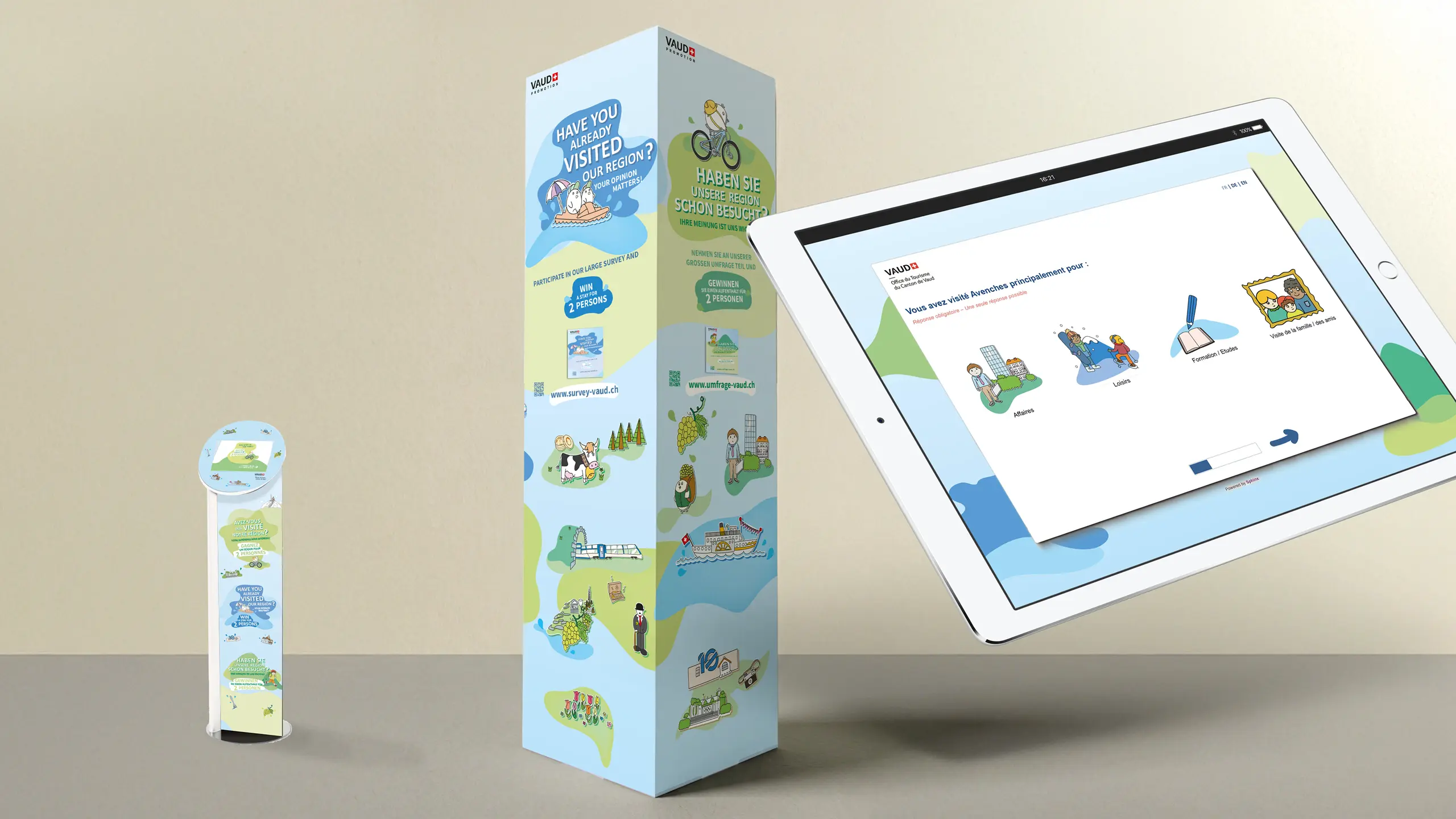 Totem Vaud Promotion et tablette affichant le questionnaire de l'enquête touristique destinée aux visiteurs du canton.