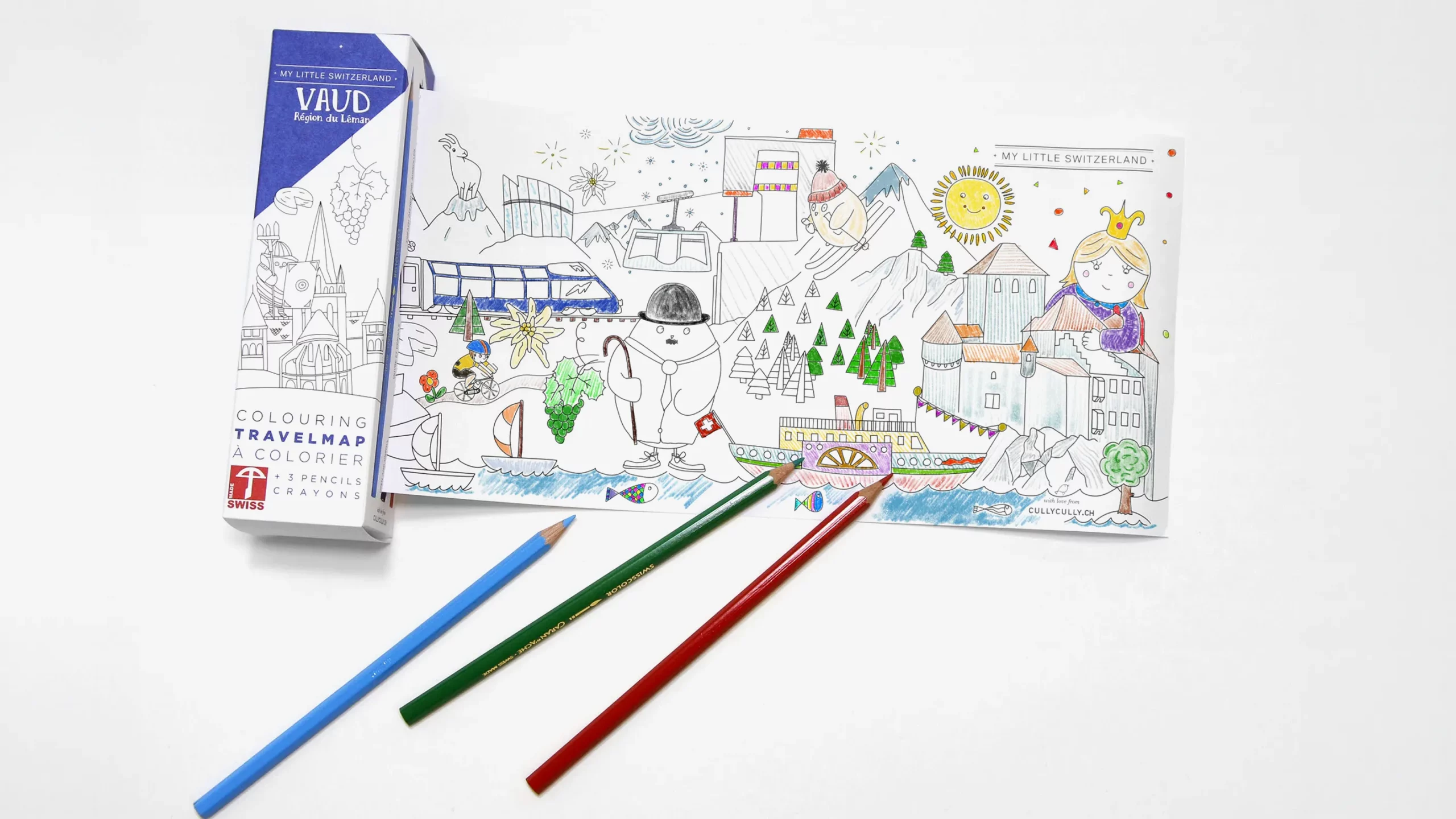 TravelMap du canton de Vaud déroulée et partiellement coloriée (train, château, princesse, bateau, montagnes) avec trois crayons Caran d'Ache.