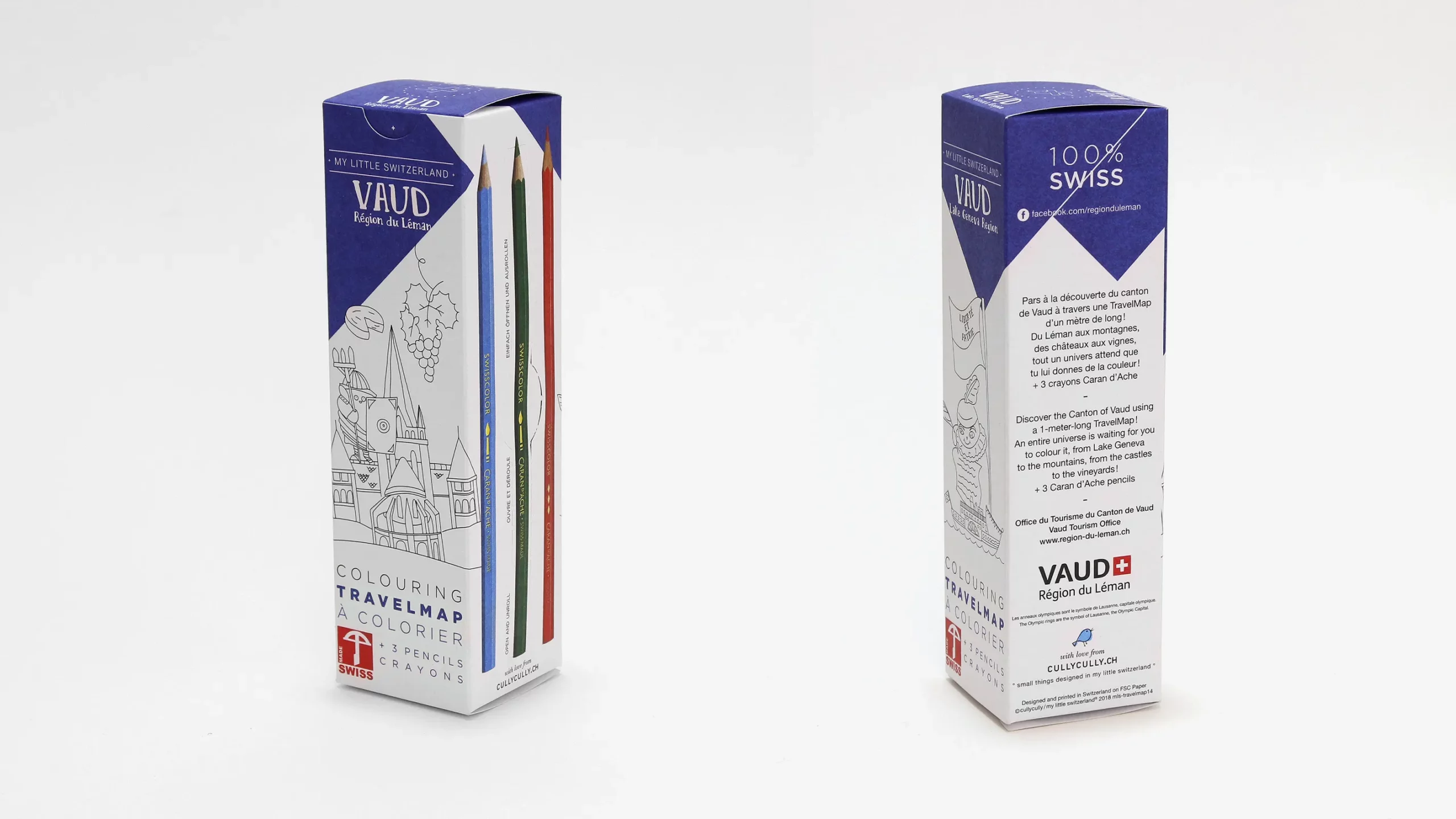 Boîte « Colouring TravelMap » du canton de Vaud avec trois crayons Caran d'Ache, faces recto et verso du packaging.